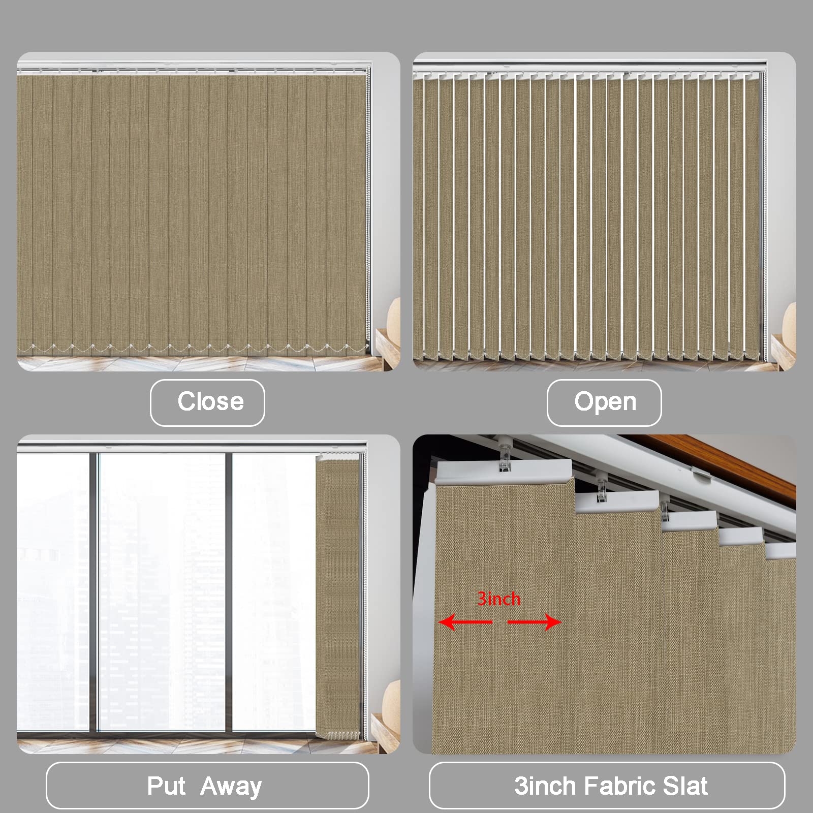 100% Blackout Vertical Window Shades - 3.5 Inch Slat Fabric Thermal Insulated Energy Saving UV Protection Vertical Blinds (Light Brown) for Living Room, Bedroom & Office