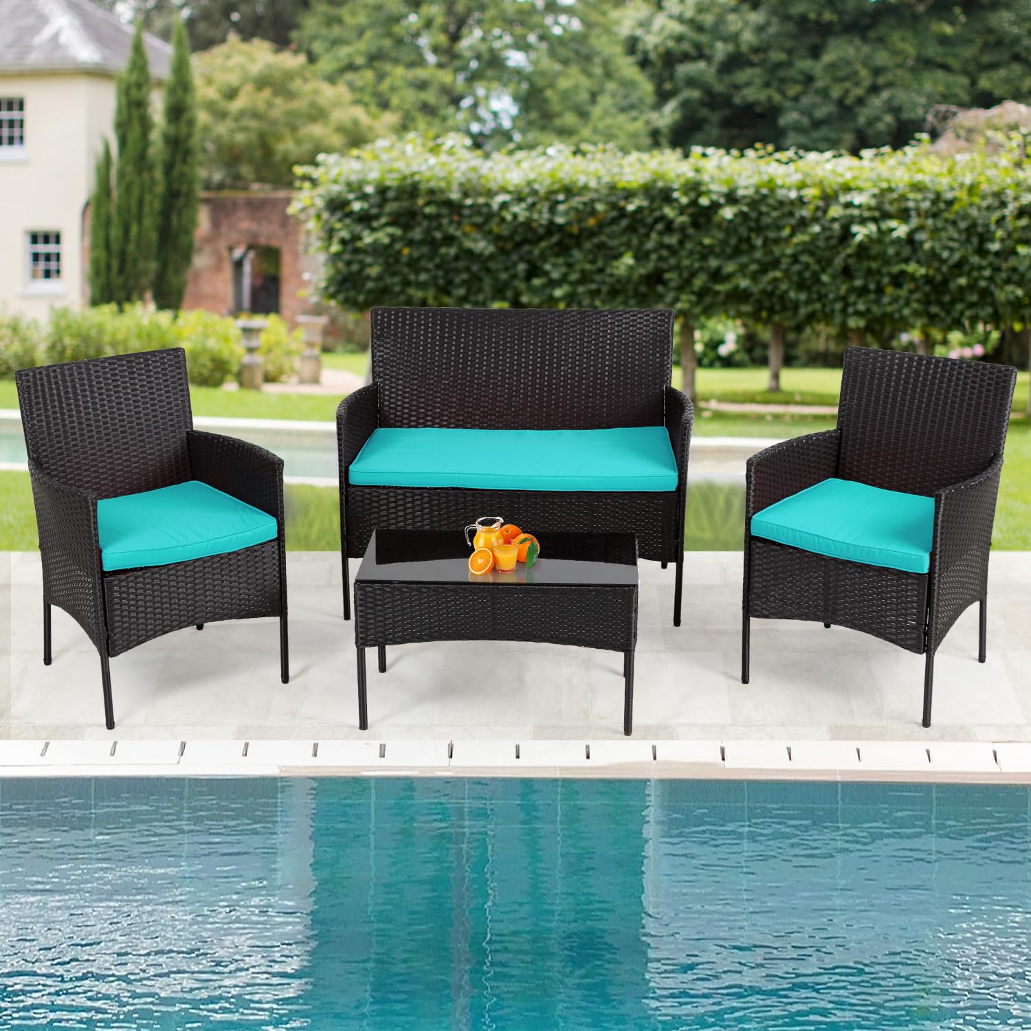 4-Piece Modular Outdoor Conversation Set - Water Resistant Patio Wicker Furniture with 3 Rattan Chairs & 1 Tempered Glass Table (Includes Cushions) - Perfect for Patio, Balcony, Poolside & Backyard Relaxation - Blue