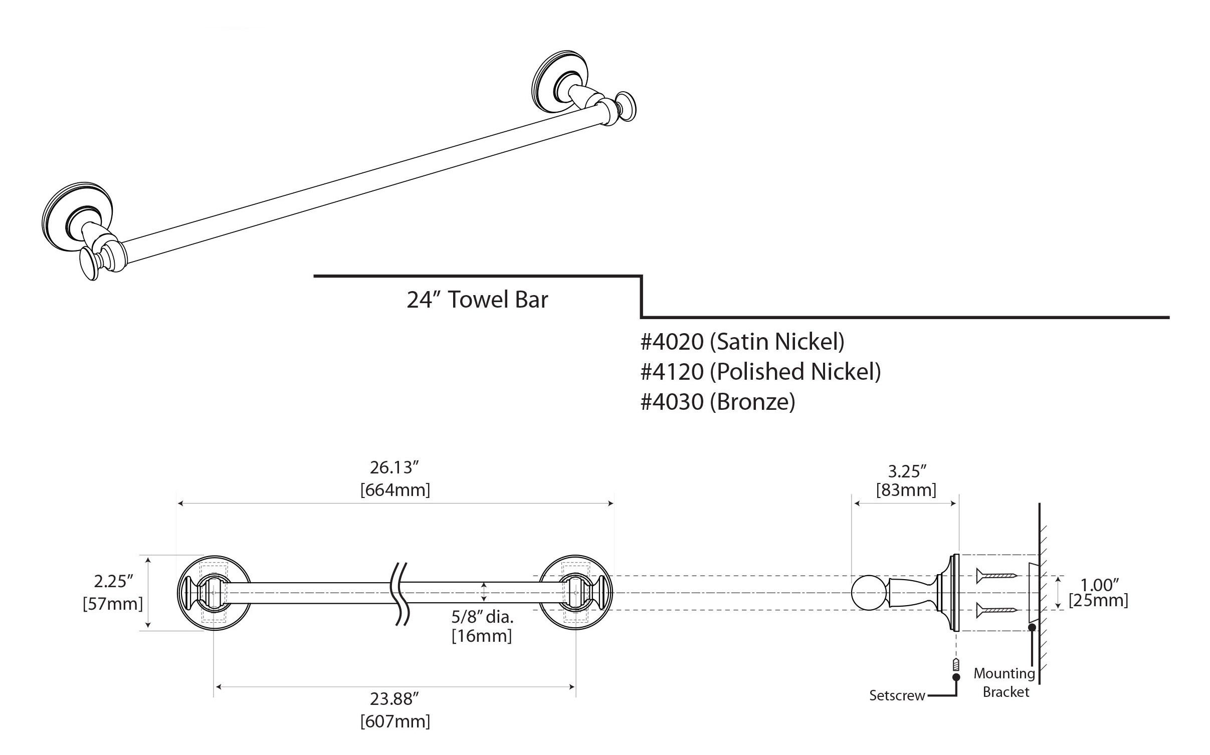 Gatco 4120 Tavern 24-Inch Polished Nickel Wall Mounted Towel Bar - Bathroom Towel Holder for Hand & Bath Towels, Perfect for Vanity & Powder Room Decor