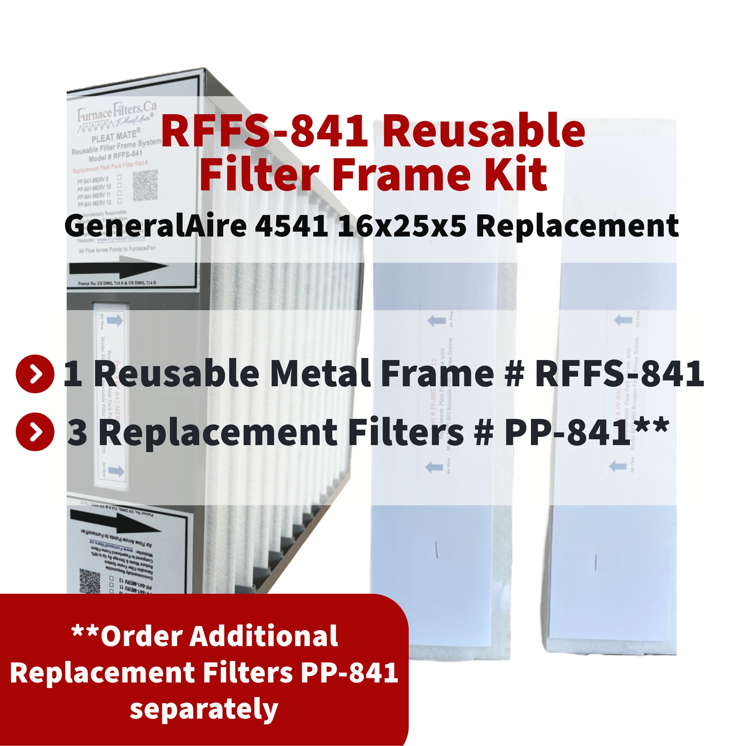 GeneralAire 4541/4511 16x25x5 Reusable Air Filter Frame Kit with Lifetime Frame (Model RFFS 841) & 3 MERV 11 Replacement Filters (Part PP 841) - Ideal for HVAC Systems, Furnaces, and Home Air Purification