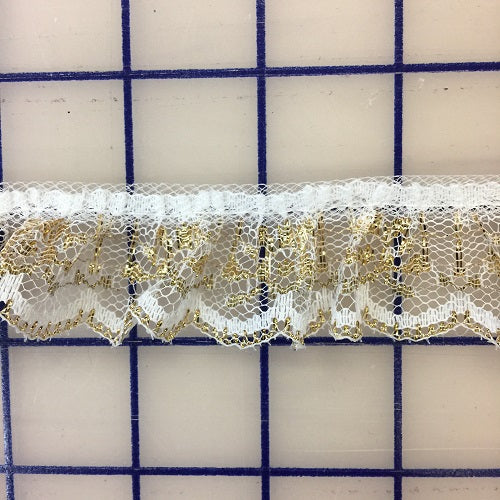 1.25 Inch Ruffled Lace Trim - White and Gold Decorative Lace for Wedding Dresses, DIY Crafts & Home Decor