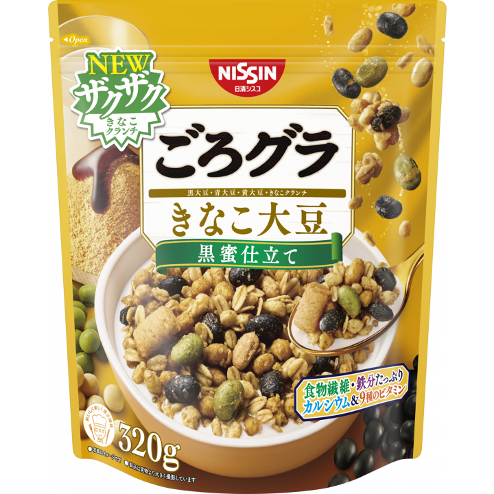 Nissin Gorogura Black Soybeans Granola Kuromitsu Kinako Flavor 320g - Healthy Japanese Breakfast Cereal & Snack for Home, Office or Travel