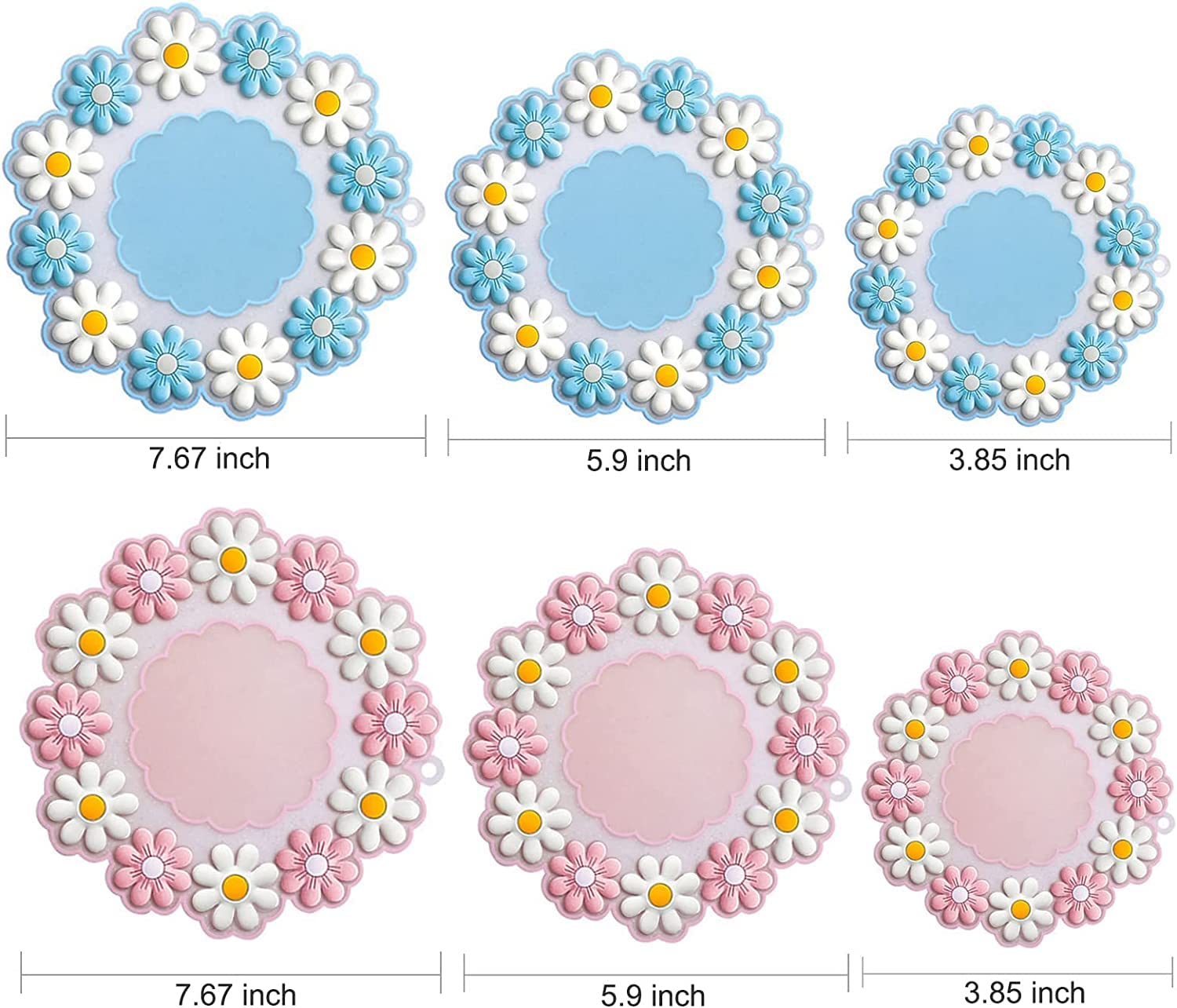 Non-Slip Heat Resistant Silicone Coasters Set of 3 - 10x10cm Round Blue Daisy Flower Design Trivet Mats for Dining Table, Hot Pots, Bowls & Dishes - Perfect for Home, Kitchen, Office and Party Use