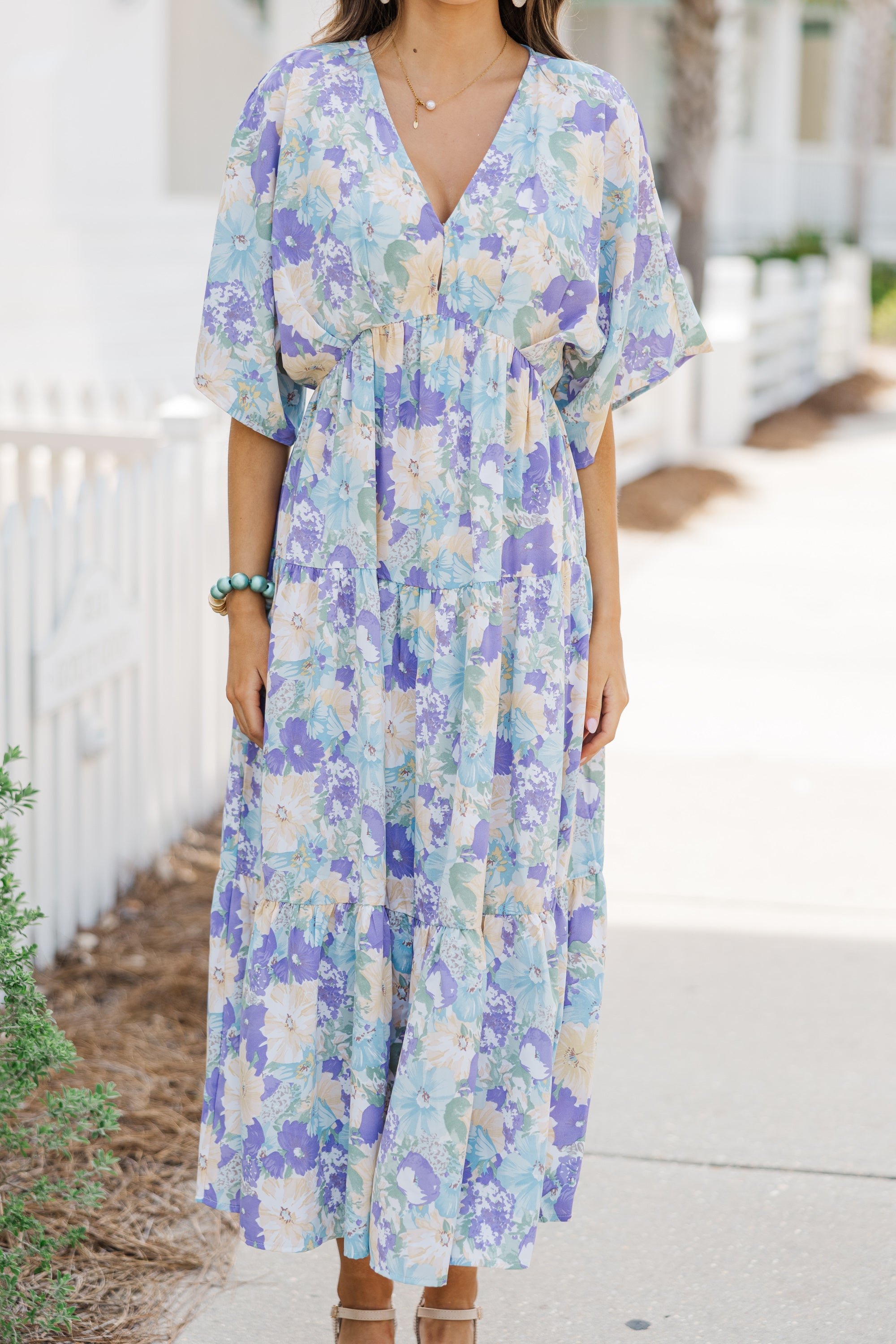 Light Blue Floral Midi Dress for Women - Summer Boho Flowy Dress with Short Sleeves - Perfect for Beach Vacations, Garden Parties & Date Nights