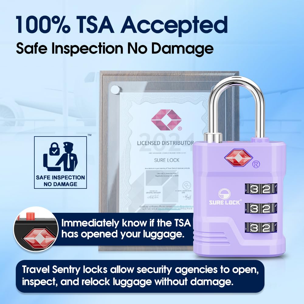SURE LOCK TSA Approved Luggage Locks (2-Pack, Purple) - High Security Travel Locks with Open Alert, TSA008 Key & Easy Read Dials | Zinc Alloy Suitcase Locks for Airports, Gym & Travel Security