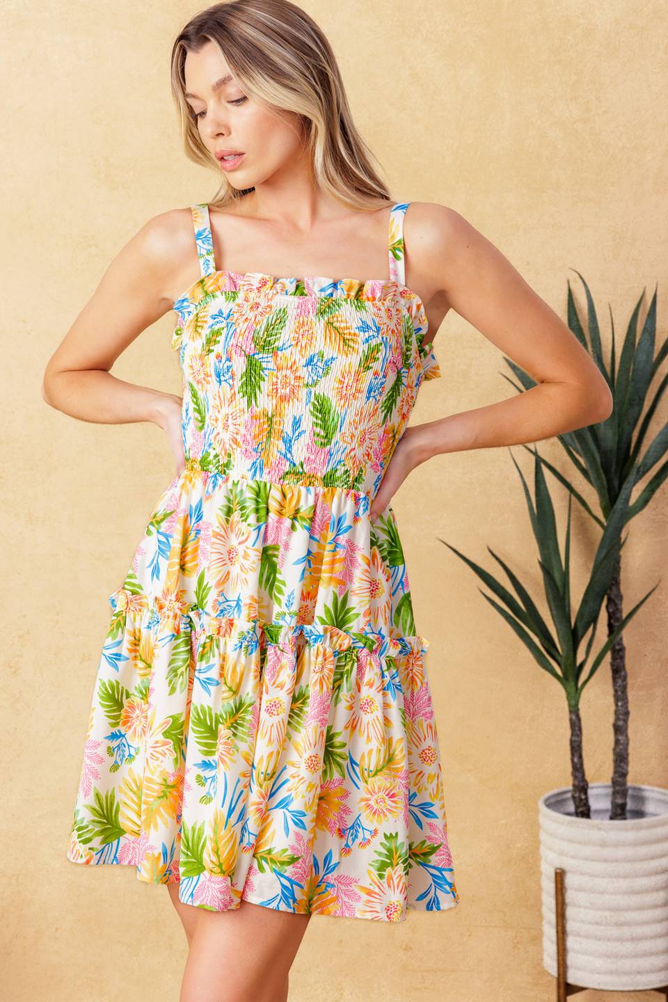 BRIA Floral Smocked Mini Dress - Women's Summer Boho Flowy Dress for Beach, Vacation & Date Night