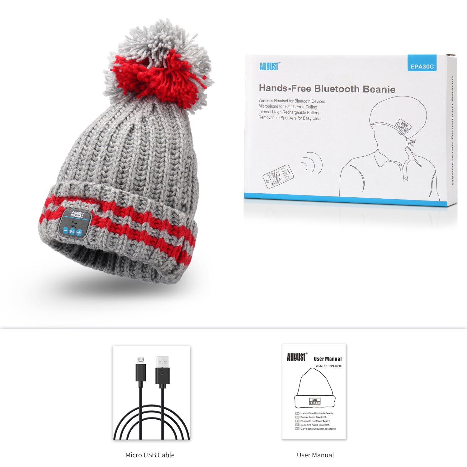 August EPA30 Bluetooth Beanie Pom Hat with Built-in Headphones & Microphone - Warm Winter Knit Cap for Music, Calls & Outdoor Activities