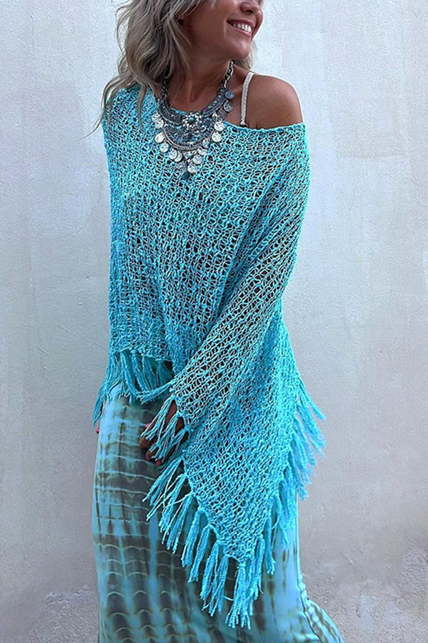 Stylish Sunset Breeze Hollow Out Tassel Knit Cover Up Top - Beachwear, Poolside, Summer Vacation Outfit