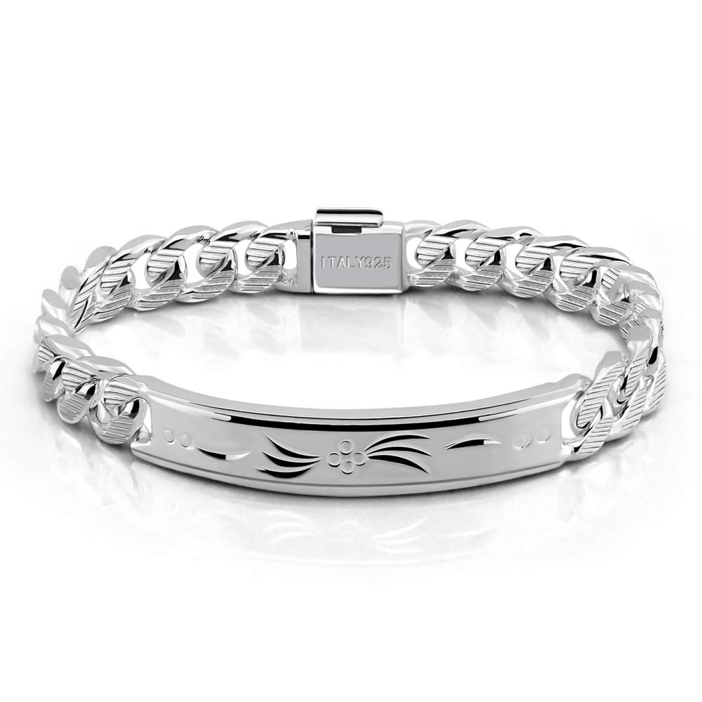 925 Sterling Silver Men's Bracelet - Classic Cuban Chain with Exquisite Totem Carving, 10mm Width, 7-10 Inches Adjustable (Italy Design) | Perfect Gift for Him, Ideal for Casual Wear, Date Nights & Special Occasions