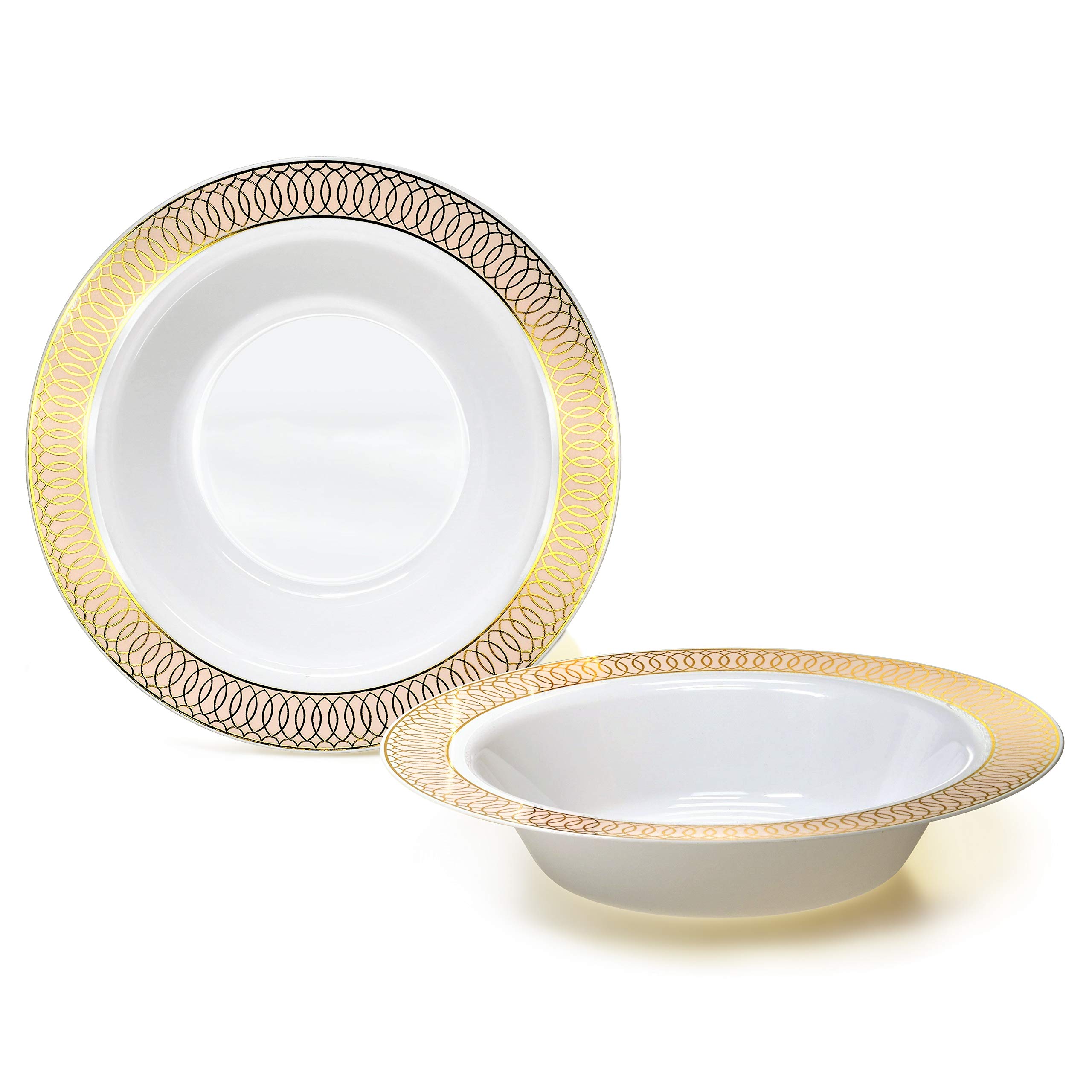 240 Pack Disposable Plastic Bowls for Wedding & Party - 12 oz Soup Bowls in White/Blush & Gold (Venice Style) - Perfect for Catering, Events, Picnics & Family Gatherings