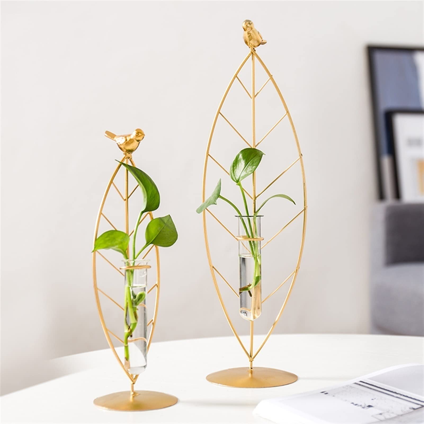 Modern Geometric Glass Flower Vase with Metal Stand - Desktop Planter for Indoor Plants, Hydroponics, Home & Office Decor - Perfect for Weddings, Living Rooms, and Garden Centerpieces
