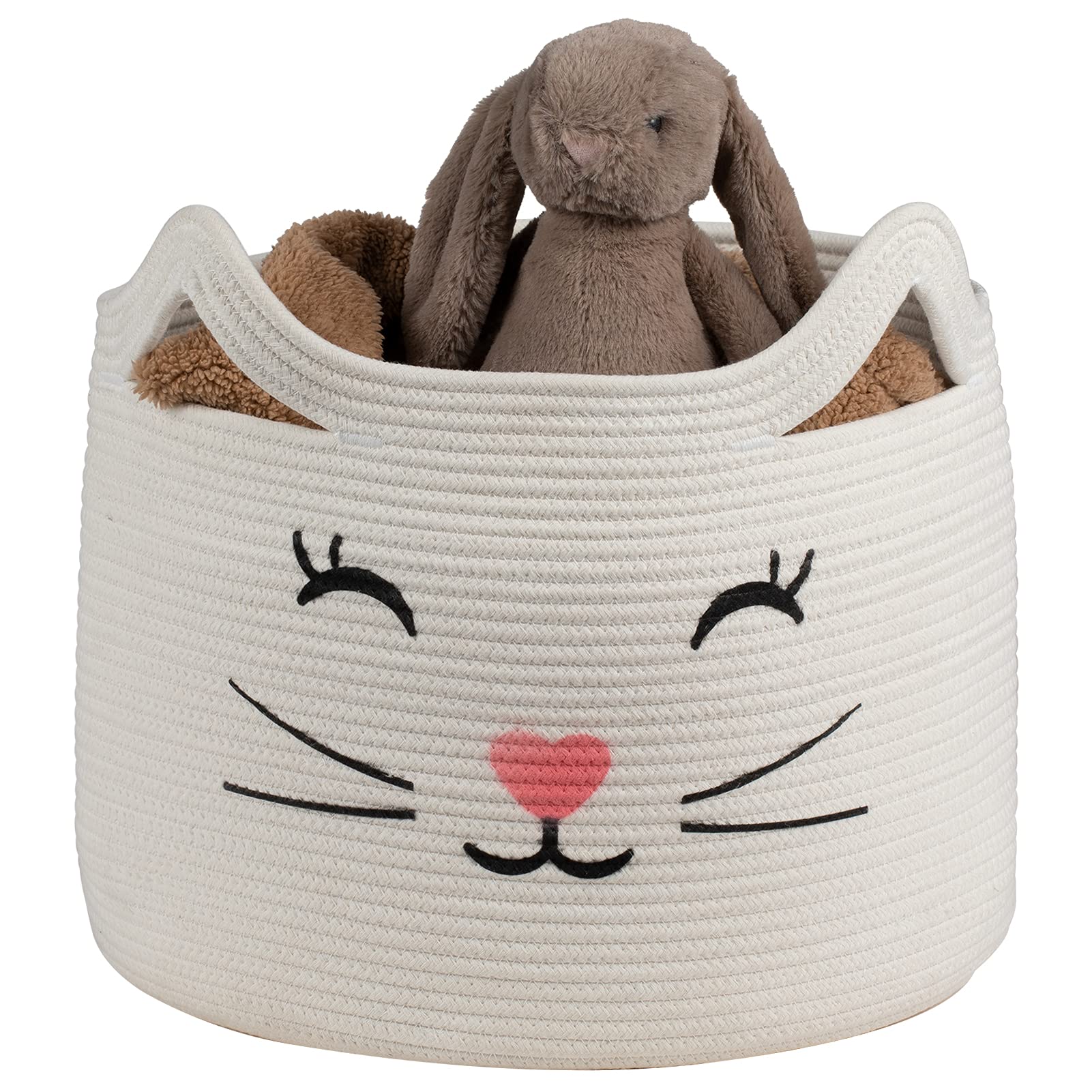 **ZLG Cat Face Rope Basket - Handmade Cotton Wicker Storage Basket with Handles for Baby Blankets, Toys & Towels | Nursery Decor, Baby Shower Gift, Home Organization (White)**    *(Perfect for nursery storage, baby shower gifts, or stylish home organization!)*