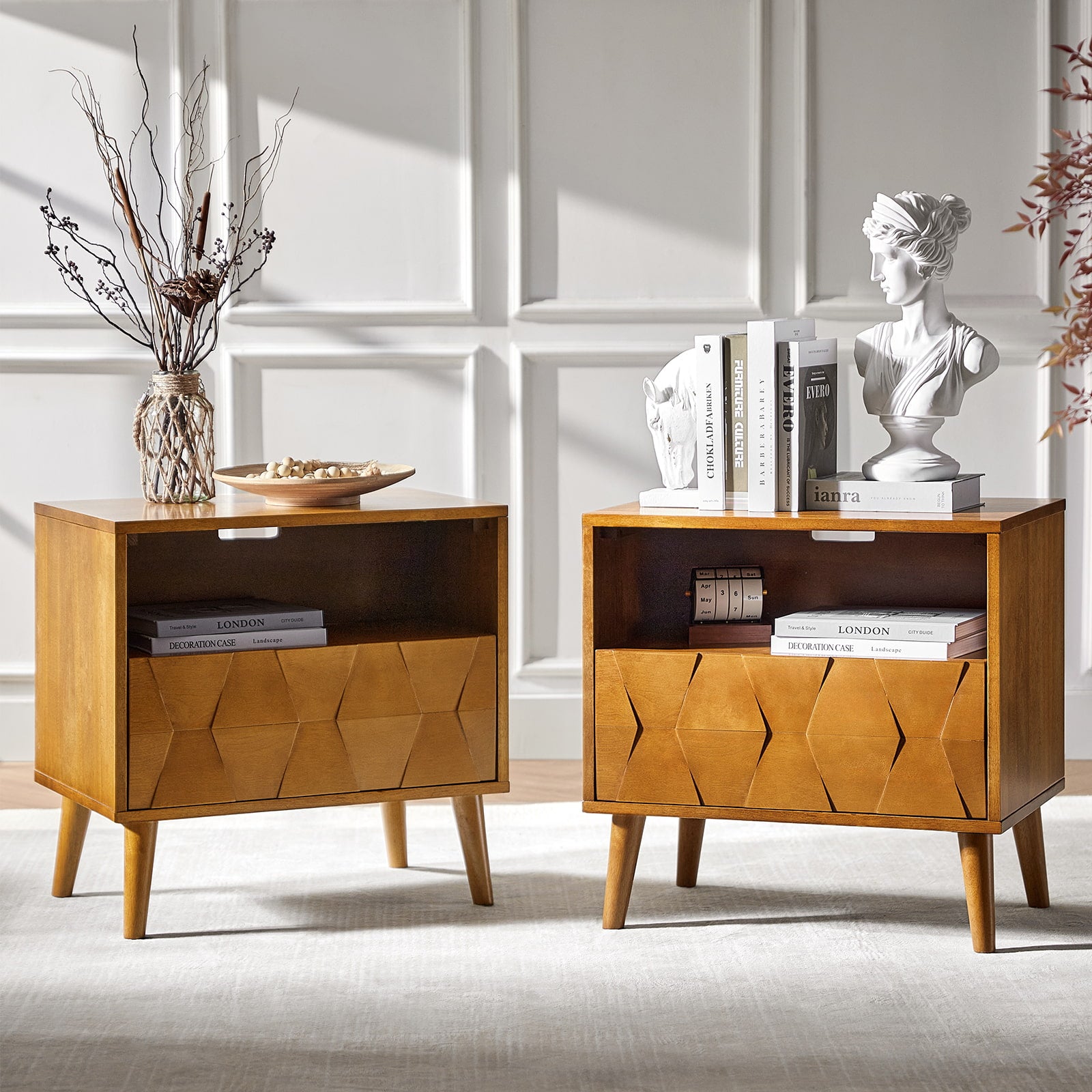 Rosalba Modern Open Shelf Nightstand with Cable Management & Hidden Drawer - Bedside Table for Bedroom, Living Room, Office - Optional Types Available