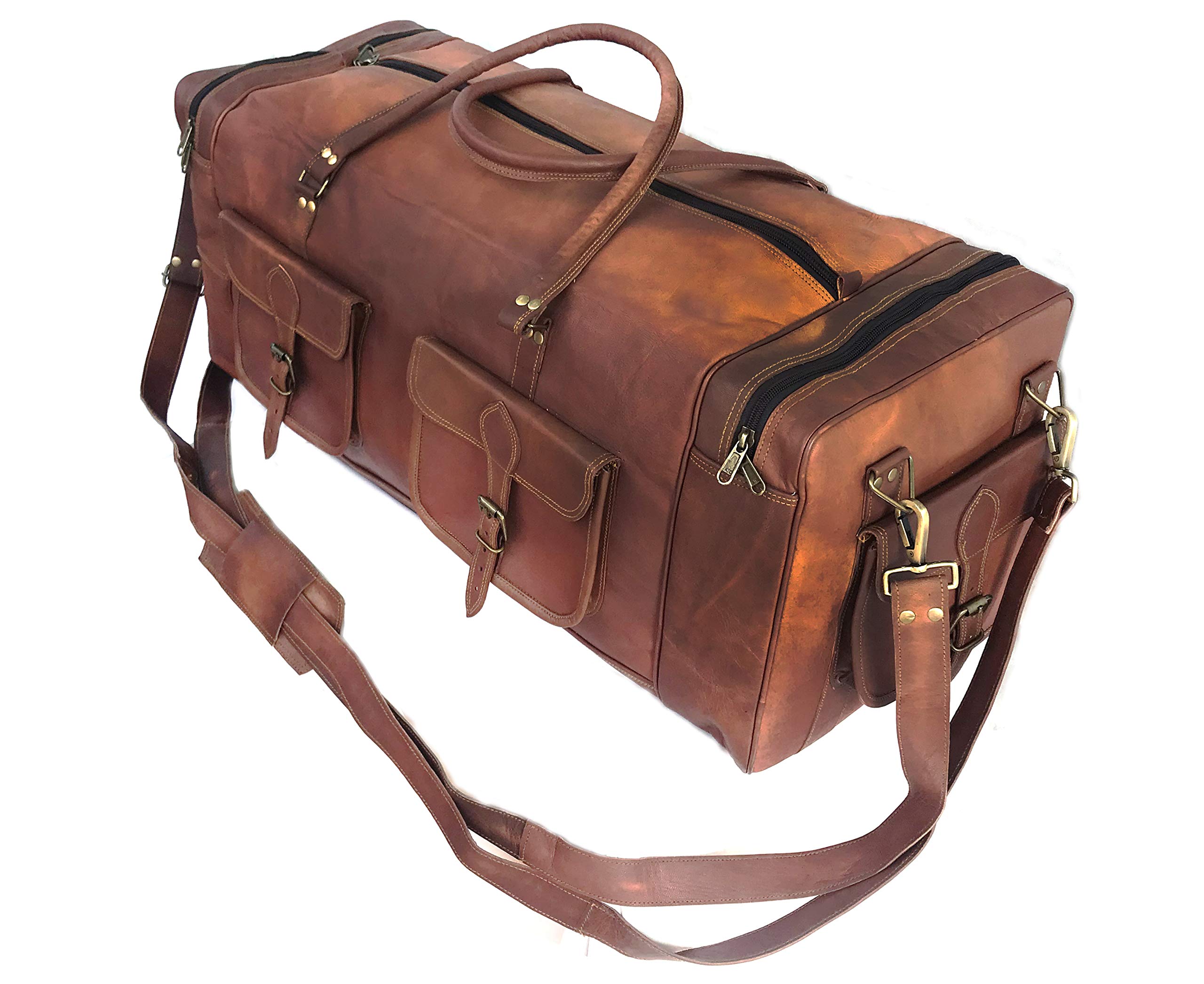 Vintage Genuine Goat Leather Large Travel Duffel Bag - Handmade Leather Holdall for Gym, Hiking & Outdoor Adventures - Durable Brown Carry-On Luggage for Men & Women - Perfect for Weekend Getaways, Sports Gear & Camping Trips