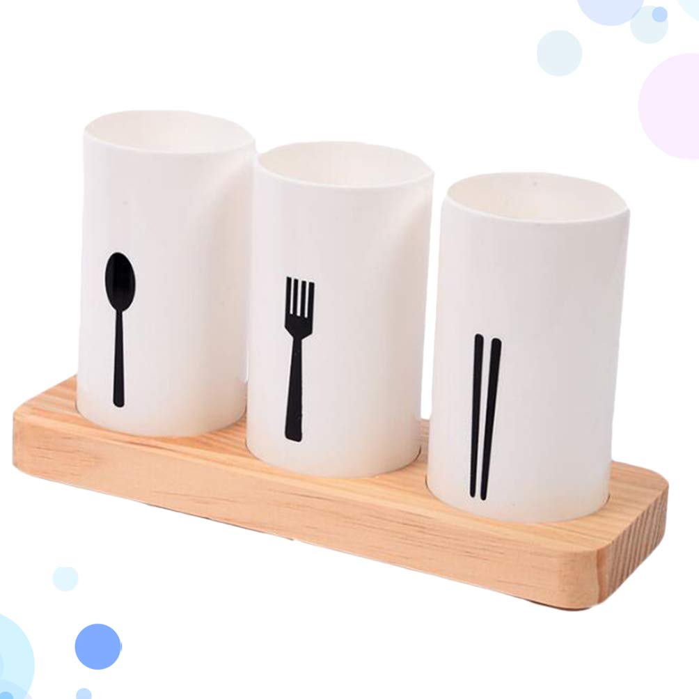 Hemoton Wooden Cutlery Holder Set - Stainless Steel Utensil Drying Rack with Wood Base for Kitchen Countertop Storage - Organize Forks, Knives, Spoons - Perfect for Bar, Restaurant & Home Kitchen Organization