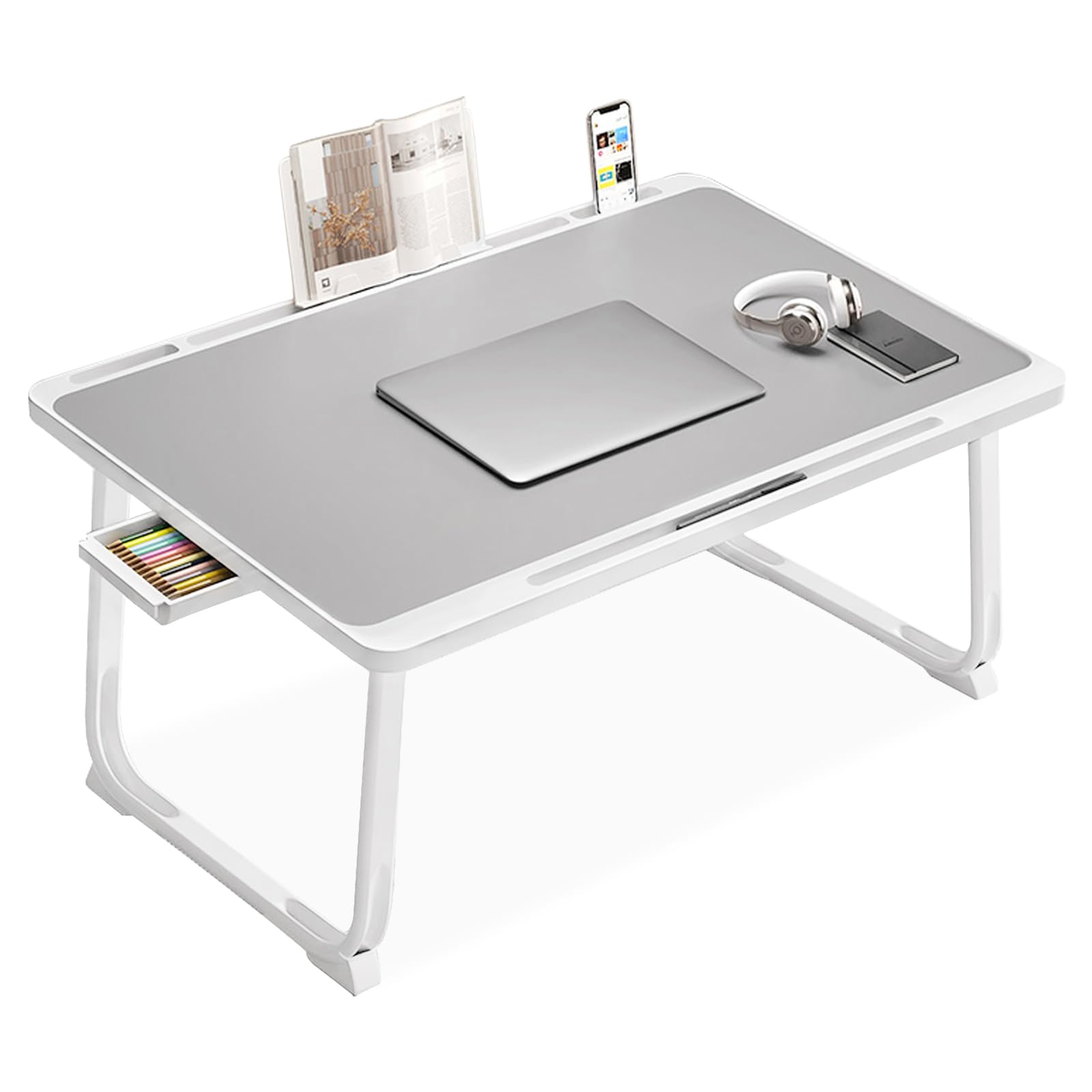 Adjustable Laptop Desk for Bed - Foldable Laptop Table with Storage Drawer & Book Stand - Portable Bed Tray for Working, Studying & Reading - Perfect for Home Office, Dorm Room & Cozy Workspace (Silver)