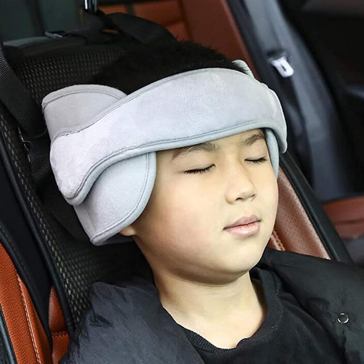Adjustable Infant Car Seat Head Support Band - Soft Neck & Head Protector for Babies & Toddlers - Grey Safety Cushion for Car Seats & Booster Seats - Perfect for Road Trips & Long Drives