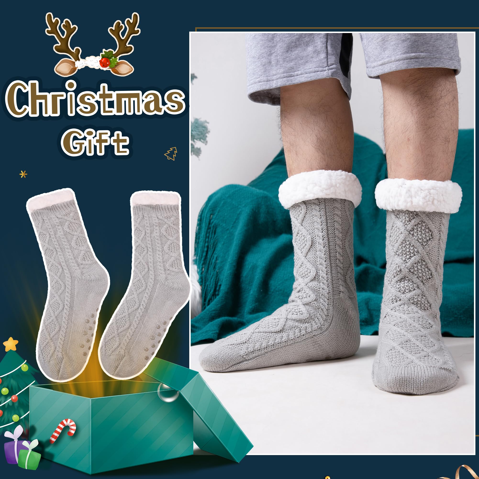 Men's Fleece Lined Thick Winter Slipper Socks - Cozy Non-Slip Fuzzy Home & Sleeping Socks for Cold Weather Comfort - Perfect for Indoor Lounging, Bedtime & Winter Relaxation