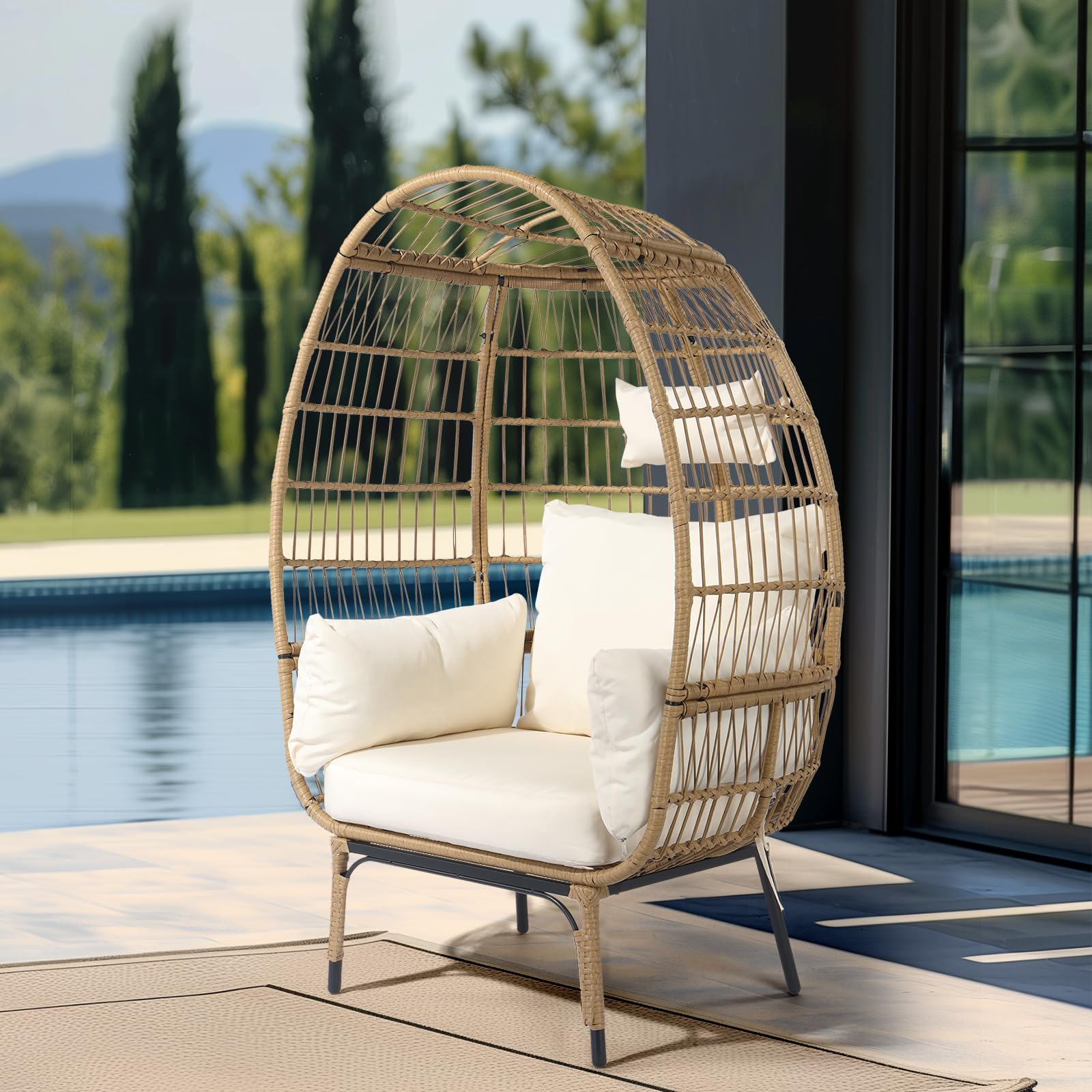 VINGLI Oversized Wicker Egg Chair with Cushions - 600lb Capacity Indoor/Outdoor Hanging Chair for Patio, Porch, Backyard, Living Room & Balcony - Perfect for Relaxing, Reading & Sunbathing (Yellow)