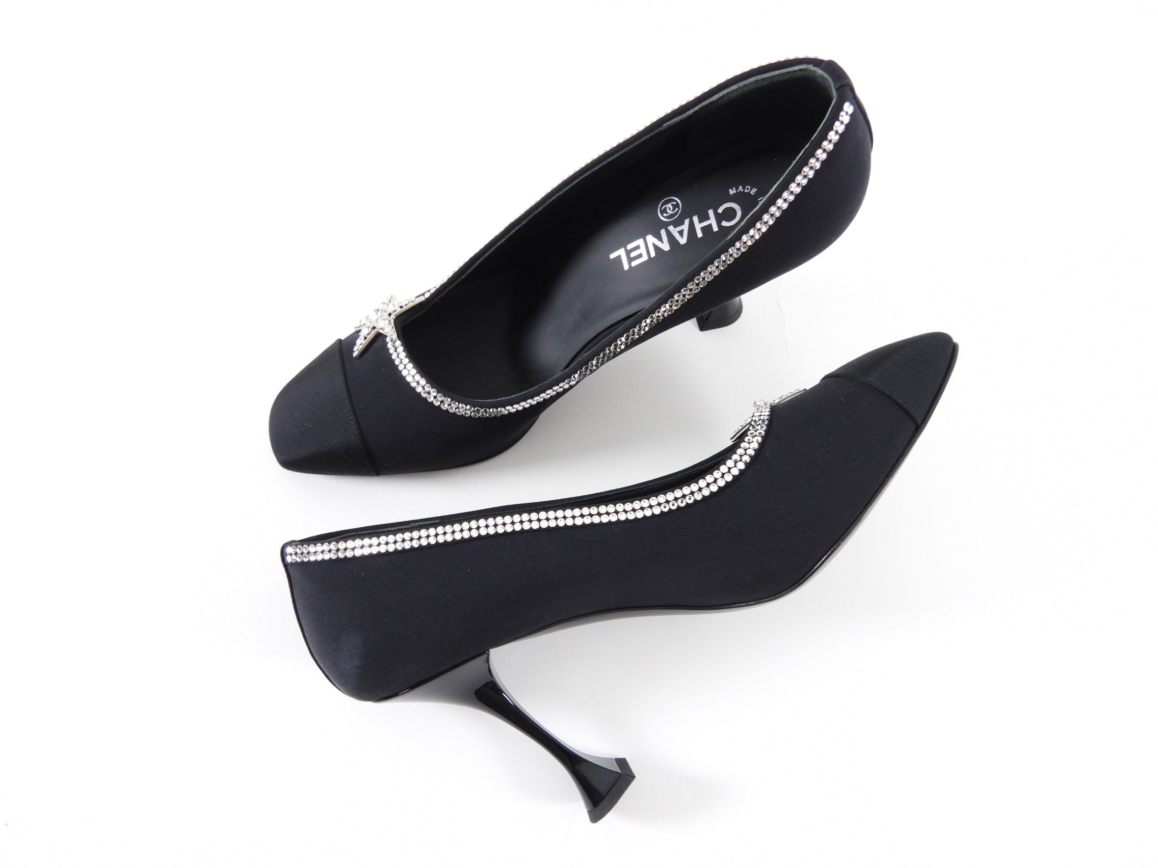 Chanel Black Fabric Pumps with Crystal Star Strass Trim - Women's Luxury High Heels Size 40C for Evening Parties & Special Occasions
