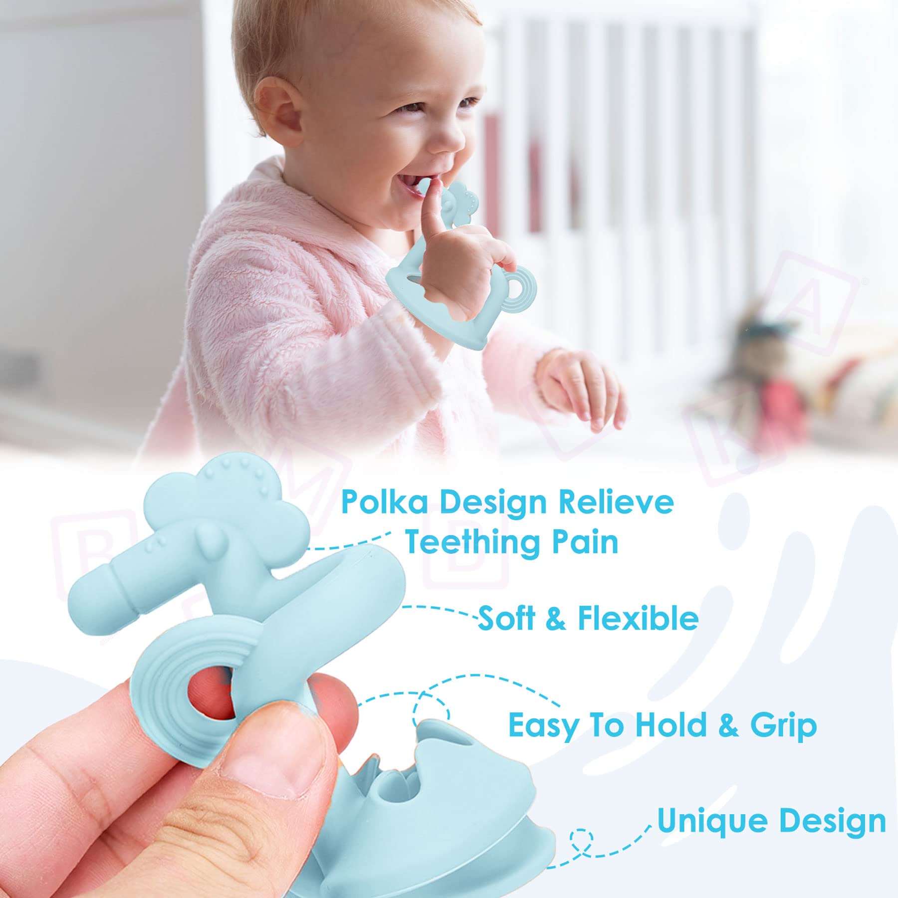 Bembika Baby Teether Toys Set - Silicone Pony, Keys & Toothbrush for Soothing Sore Gums (Blue) | Safe Chew Toys for Infants & Toddlers | Perfect for Teething Relief, Sensory Play & Early Oral Care