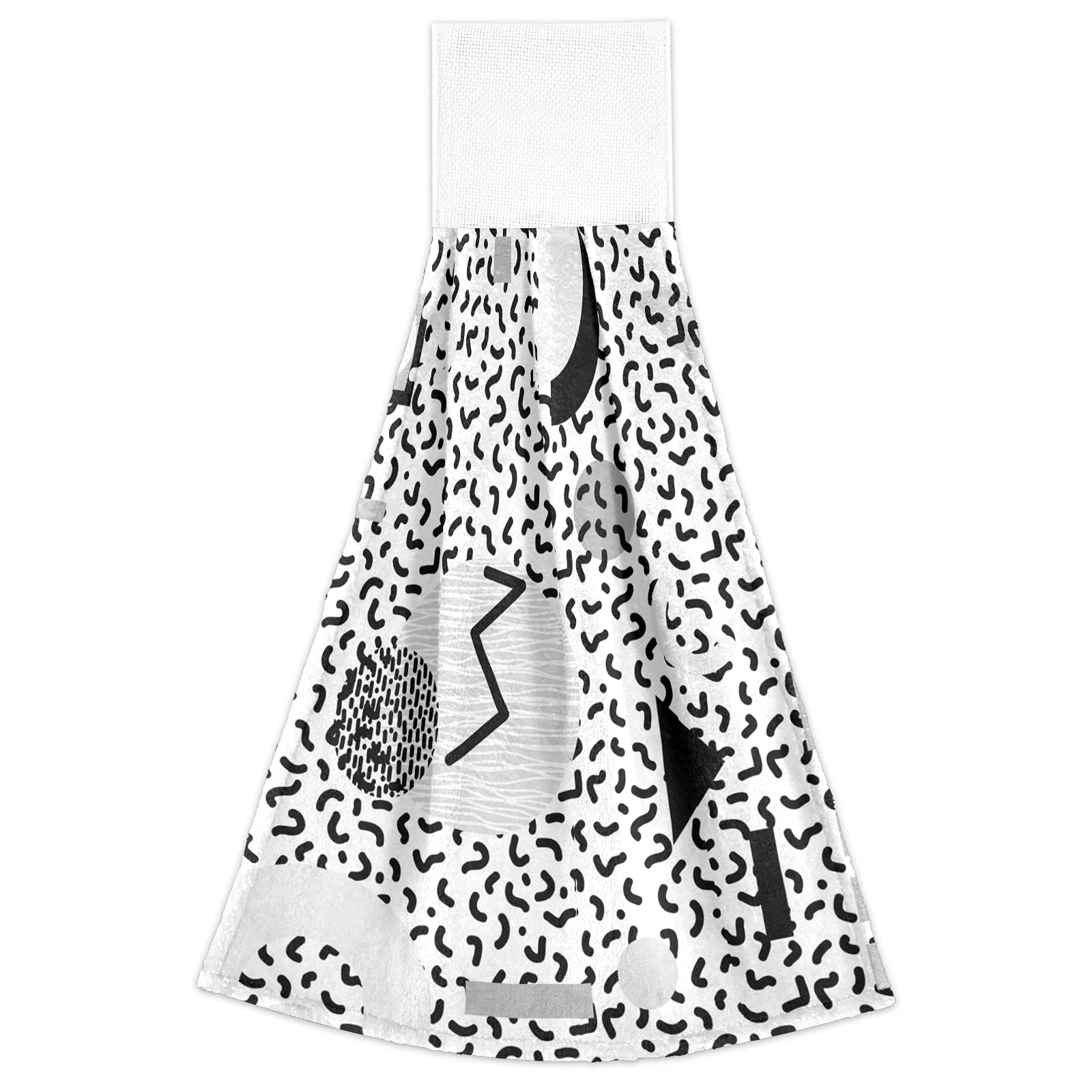 80s 90s Memphis Style Geometric Black White 2-Piece Hanging Kitchen Hand Towel Set - Soft Fast-Drying Bath & Dish Towels with Hook & Loop for Home, Kitchen, and Bathroom Use - Perfect for Cooking, Cleaning, and Decor