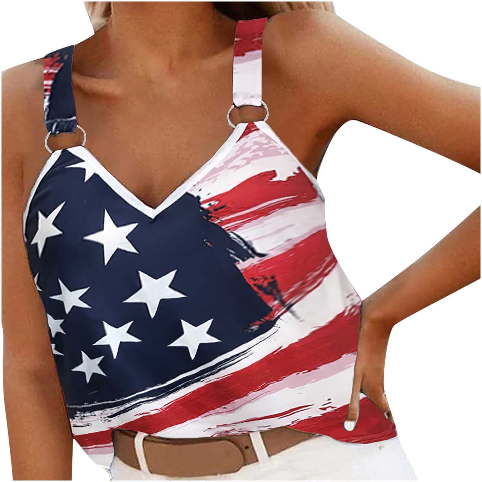 2022 Women's Summer Tops - Stylish Suspenders Sleeveless V-Neck Tank Tops with American Flag Design | Perfect for Beach Outings, Casual Wear & Patriotic Events