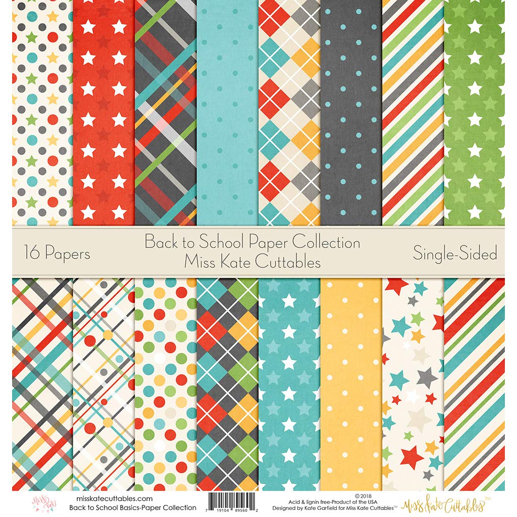 Premium Scrapbook Pattern Paper Pack - 16 Single-Sided 12x12 Inch Sheets for Back to School, DIY Crafts, Card Making & Scrapbooking - Miss Kate Cuttables Collection