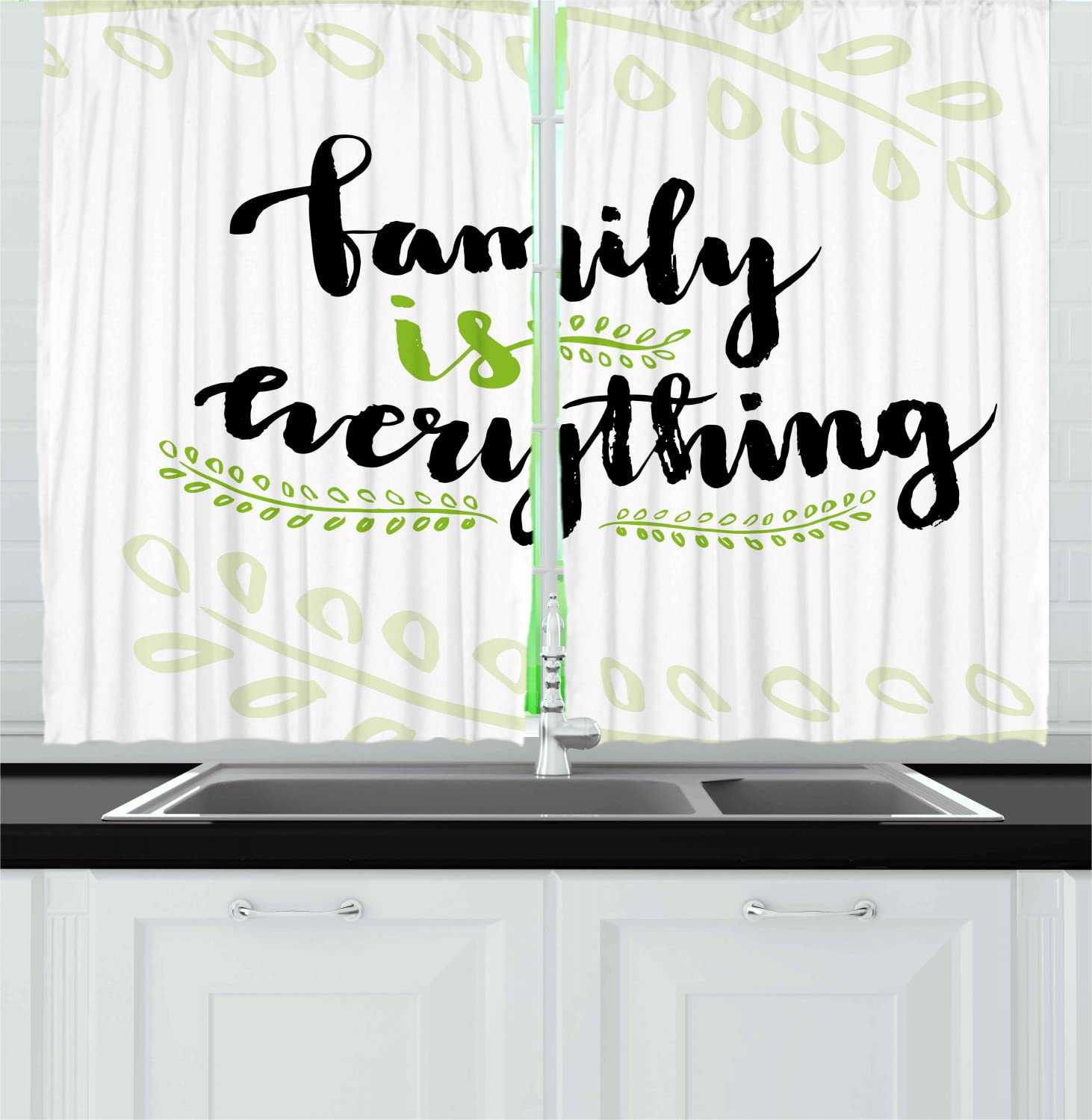 Ambesonne Family Long Kitchen Curtains - 'Family is Everything' Motivational Phrase with Branches & Leaves Design - 2 Panel Rod Pocket Drapes for Living Room & Dining Room Decor - 55 x 45 Inches - Apple Green, Black & White - Perfect for Farmhouse & Modern Home Style
