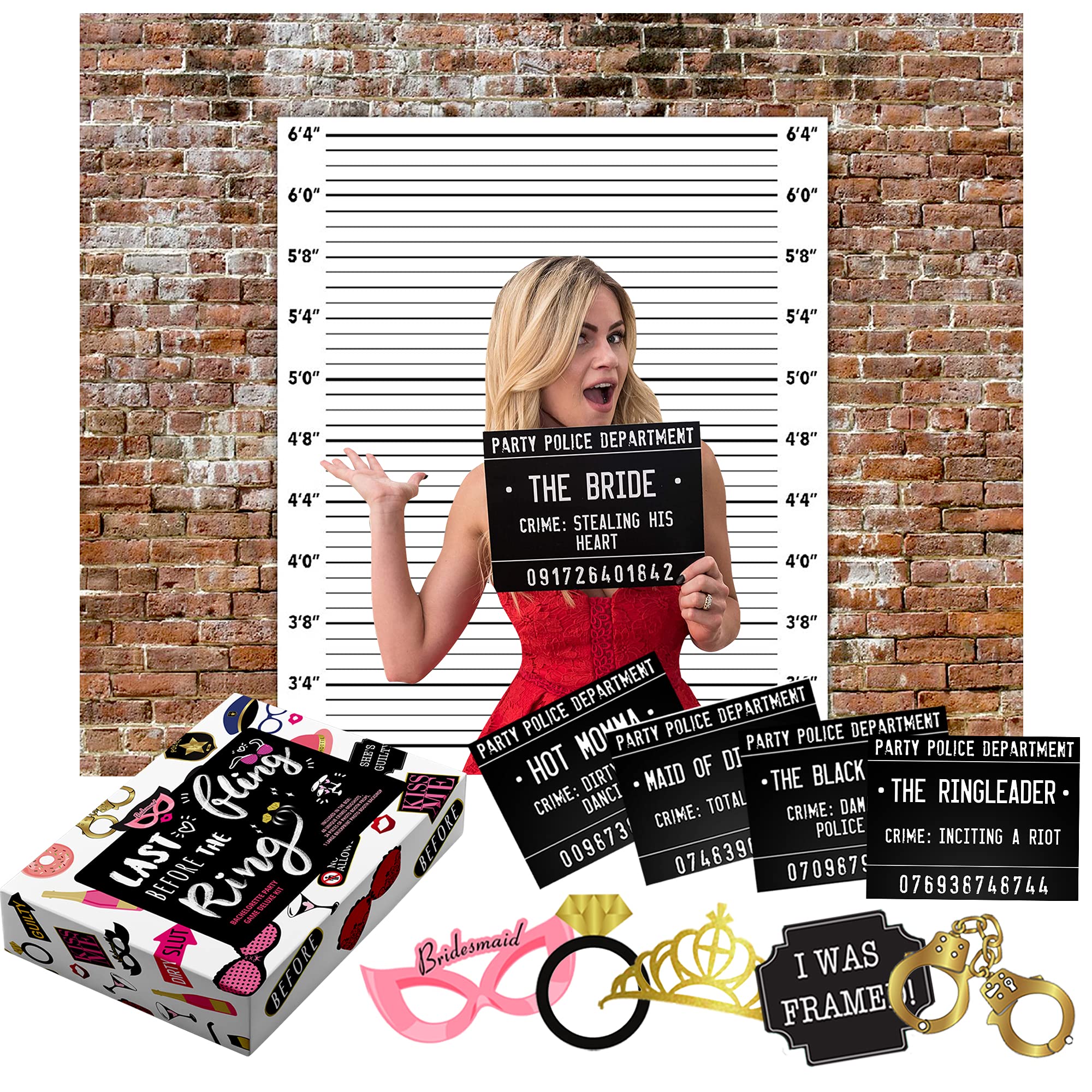 Luxury Bachelorette Party Gift Set - Premium Cloth Backdrop, 40 Unique Mugshot Signs, Photo Booth Props with Fun Games & Activities | Perfect for Girls Night Out, Stagette & Hen Parties | Ideal for Bridal Showers, Bachelorette Weekends & Bachelorette Party Decorations