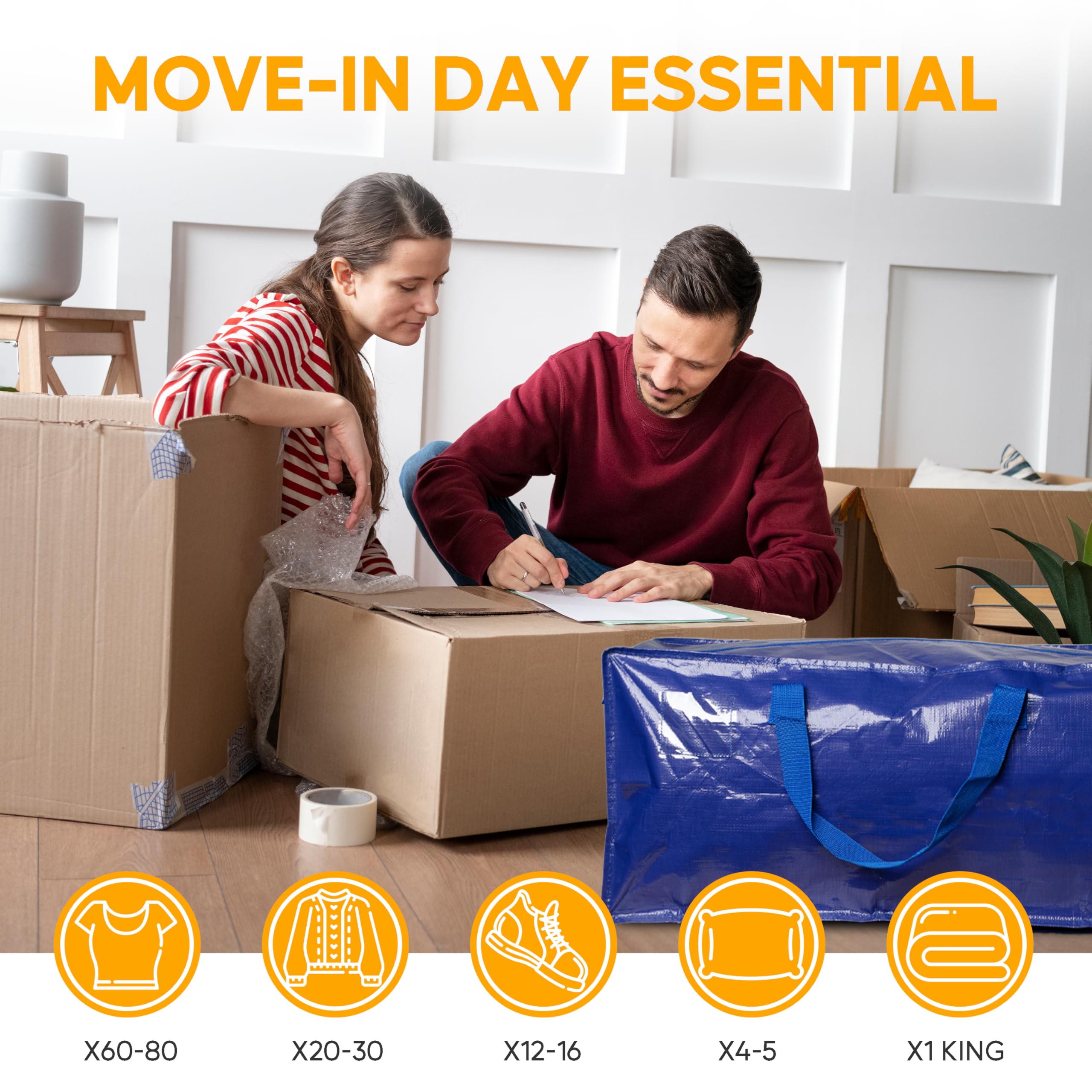12 Pack Heavy Duty Moving Bags with Backpack Straps - Extra Large Storage Tote with Strong Handles & Zippers - Space Saving Moving Boxes for Home, Office & Dorm Organization (Blue)
