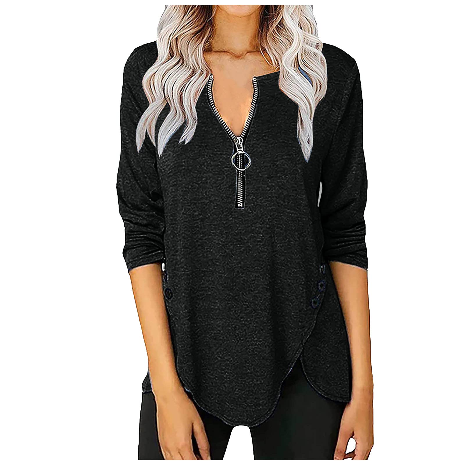 ZEFOTIM Plus Size Tunic Tops for Women - Trendy Spring Button & Zipper Blouse with V-Neck & Long Sleeves - Loose Fit Casual Shirt for Work, Office & Everyday Wear