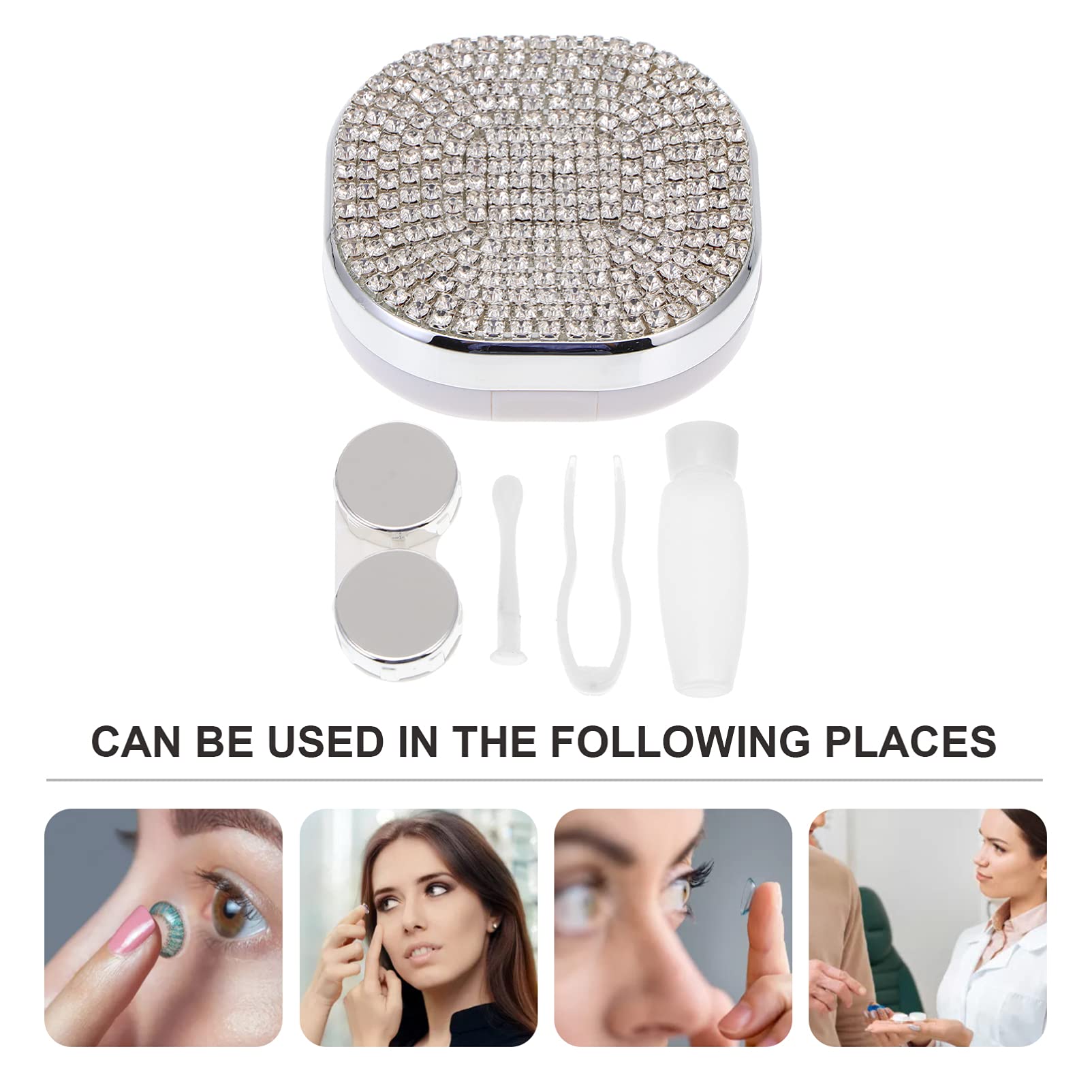 Healifty Rhinestone Contact Lens Case with Mirror & Tweezer - Travel Kit for Eye Care