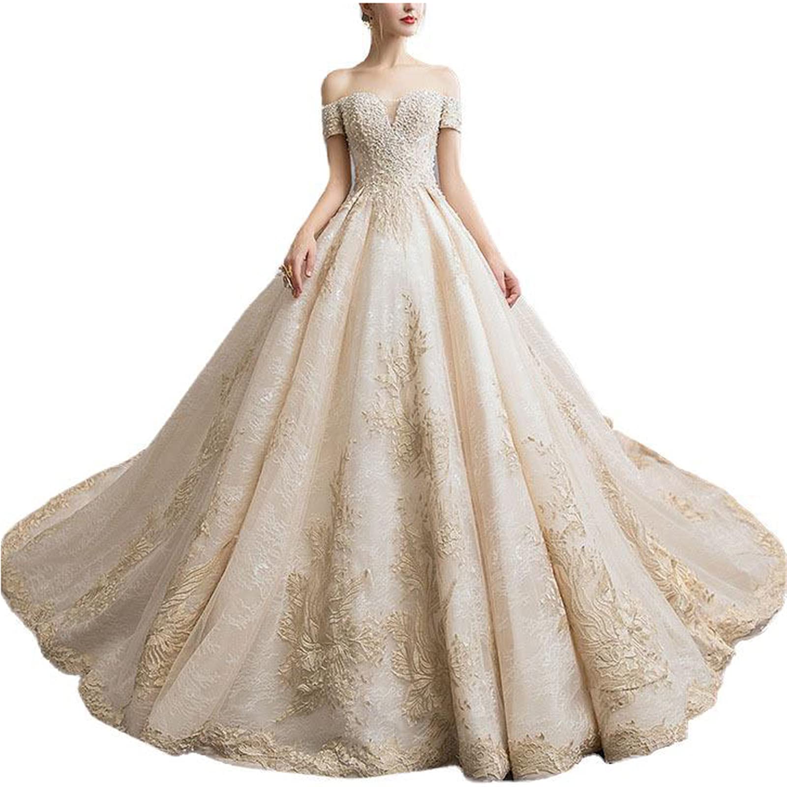 Elegant Lace Tube Top Trailing Wedding Dress Off Shoulder Ball Gown for Bride - A-Line XS Size | Perfect for Bridal Ceremony, Prom, Evening Gala & Special Occasions