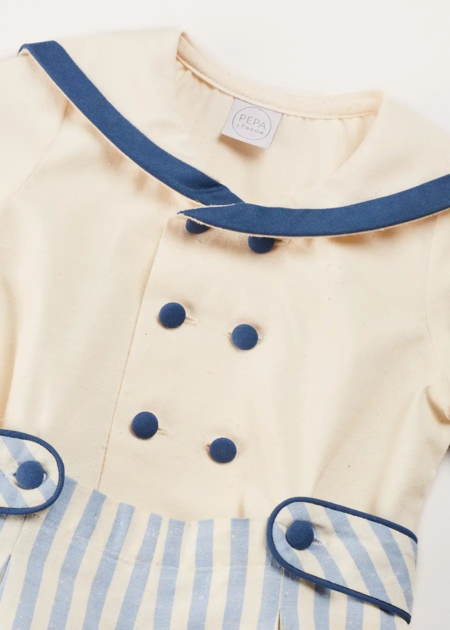 Blue Regency Stripe Mariner Collar Two-Piece Set with Bloomers for Baby Girls 6 Months to 3 Years | Vintage-Inspired Outfit for Photoshoots, Parties & Special Occasions