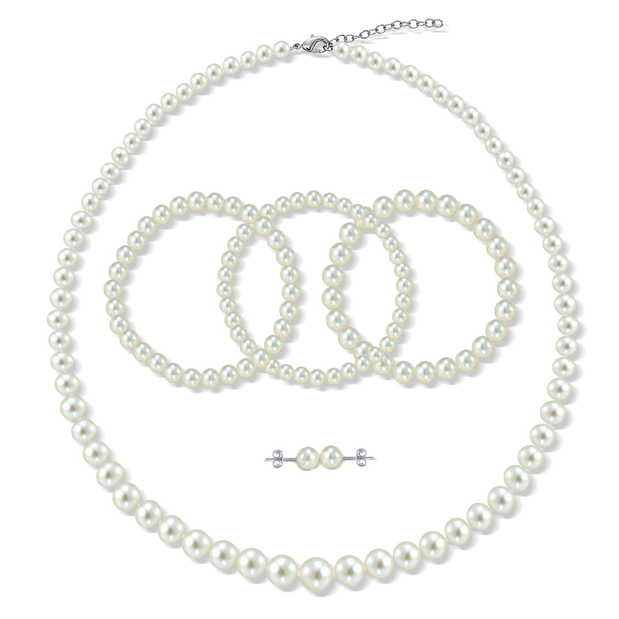 Sterling Silver Graduated 4-8.5mm White Freshwater Cultured Pearl Jewelry Set - Necklace, Bracelet & Earrings for Women | Perfect for Weddings, Parties & Special Occasions
