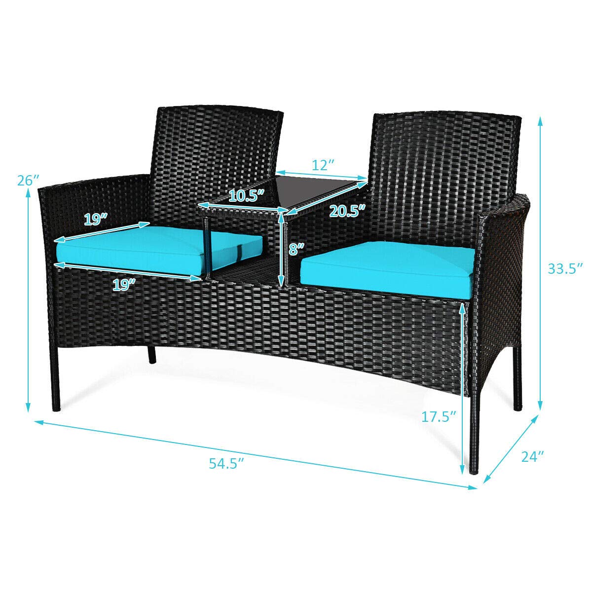 Relax4Life Outdoor Rattan Wicker Loveseat Set with Coffee Table & Removable Cushions - Patio, Garden, Balcony, Porch Furniture for Relaxing & Entertaining (Black & Blue) - Perfect for Backyard Lounging, Poolside Chats & Summer Gatherings