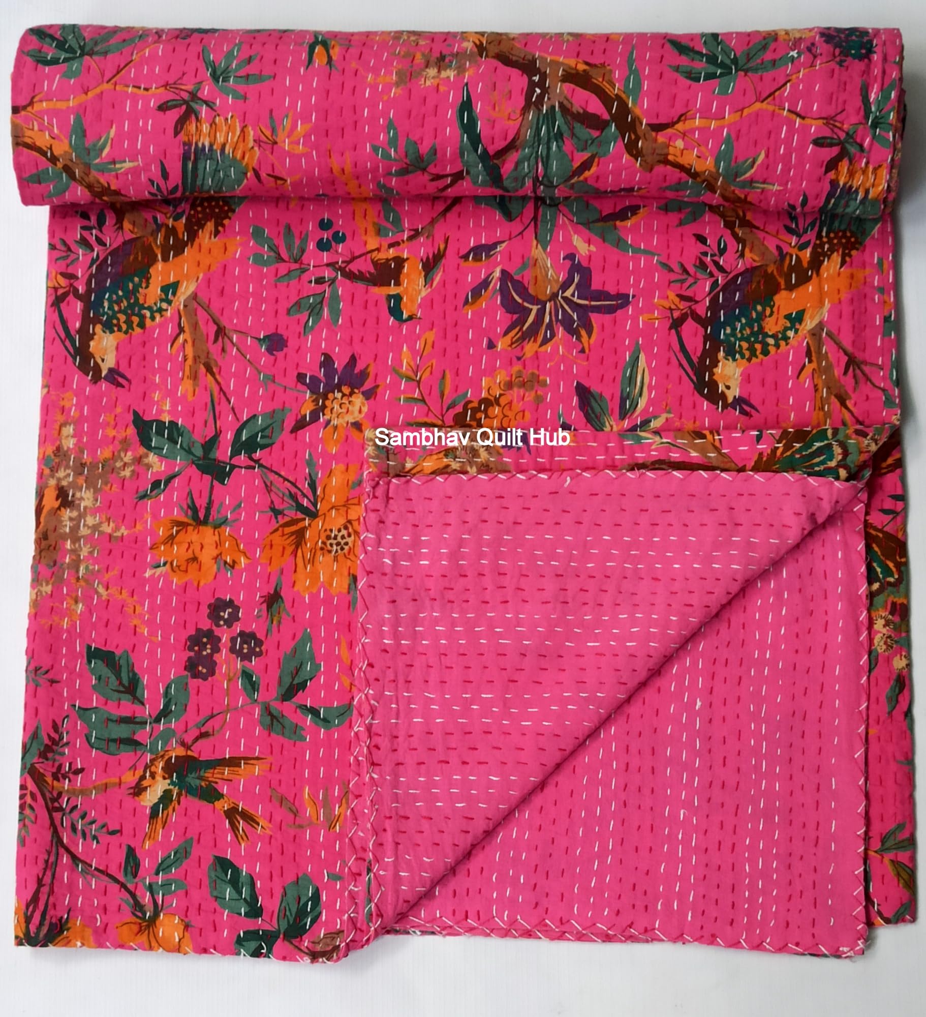 Reversible Pink Floral Bird Kantha Quilt - Bohemian King/Queen Size Bedspread (90x108 Inches) with 2 Matching Pillow Covers | Soft Cotton Bedding for Home Decor, Guest Room & Bohemian Style Bedroom