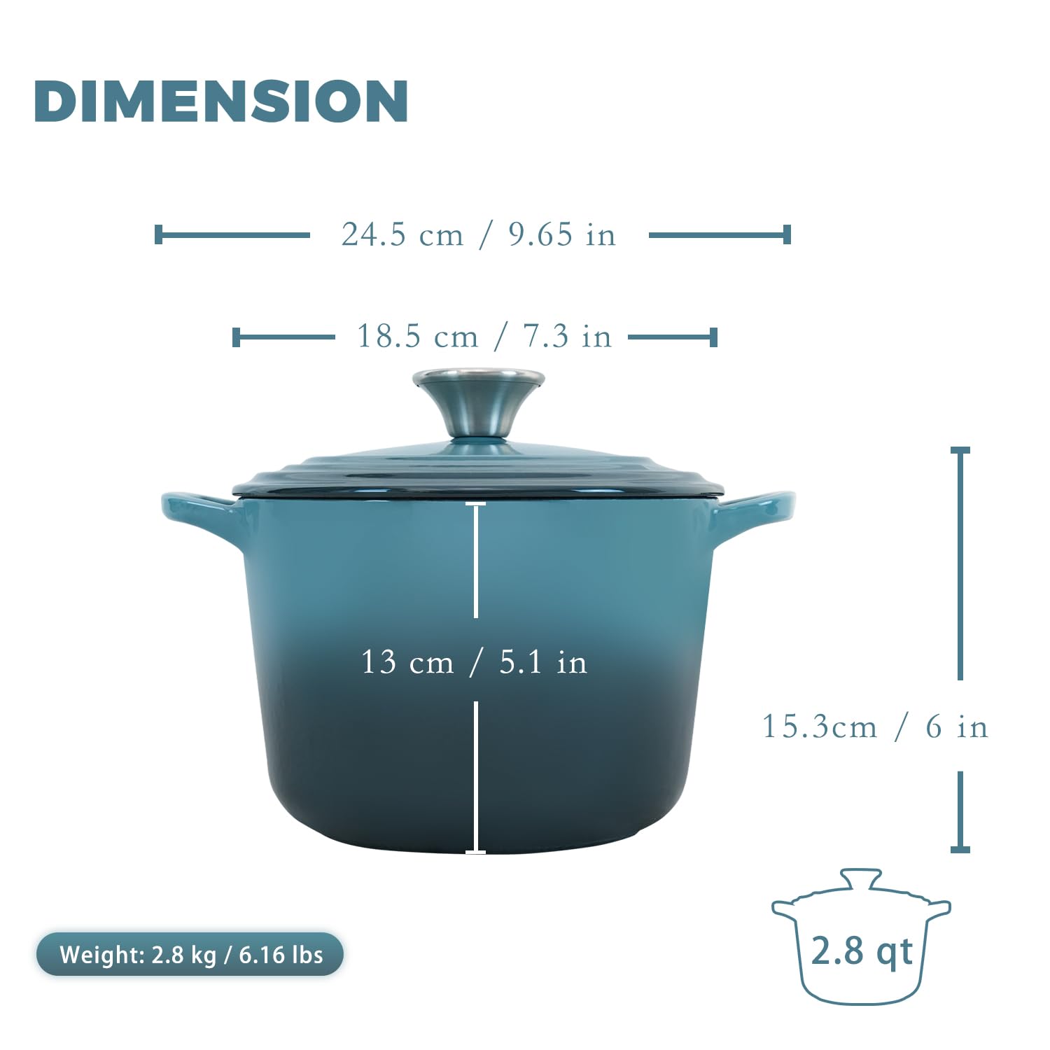 Premium 2.8 qt Enameled Cast Iron Dutch Oven with Lid - Slate Blue Bread Baking Pot, Rice Cooker & Stew Pot with Heat-Resistant Handles | Perfect for Oven, Stovetop & Camping Cooking
