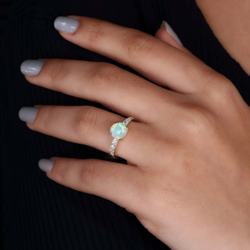 Genuine White Fire Round Ethiopian Opal Statement Ring – Elegant Jewelry for Women, Perfect for Weddings, Parties & Special Occasions