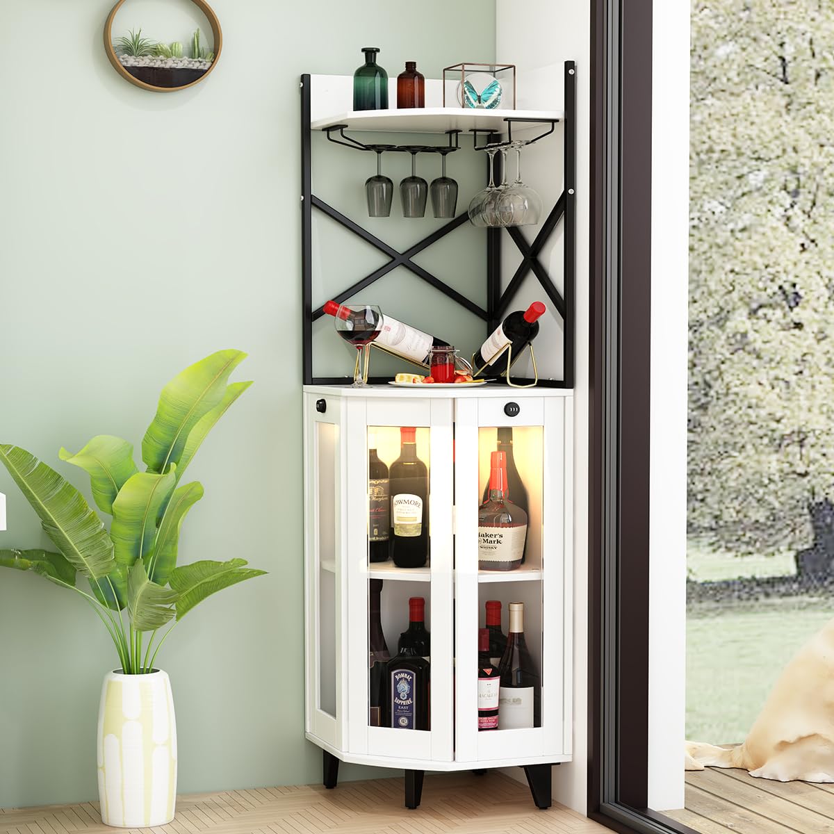 Lockable Corner Bar Cabinet with LED Lights - Modern White Wine Liquor Storage Cabinet with Glass Doors & 2 Wine Holders - Farmhouse Style Buffet Sideboard for Dining Room, Living Room & Home Bar Decor