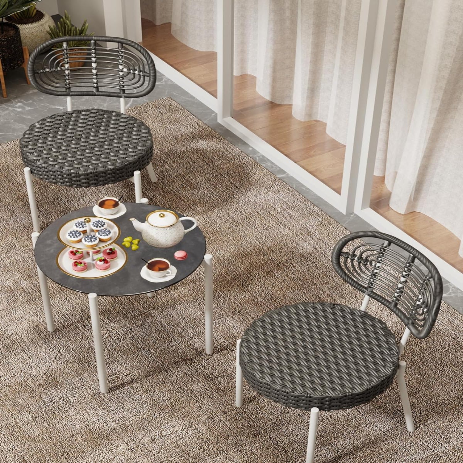 GARVEE 3-Piece Outdoor Patio Bistro Set - White & Grey Wicker Rattan Chairs with Table - Durable Garden Furniture for Backyard, Deck, Poolside & Balcony Use