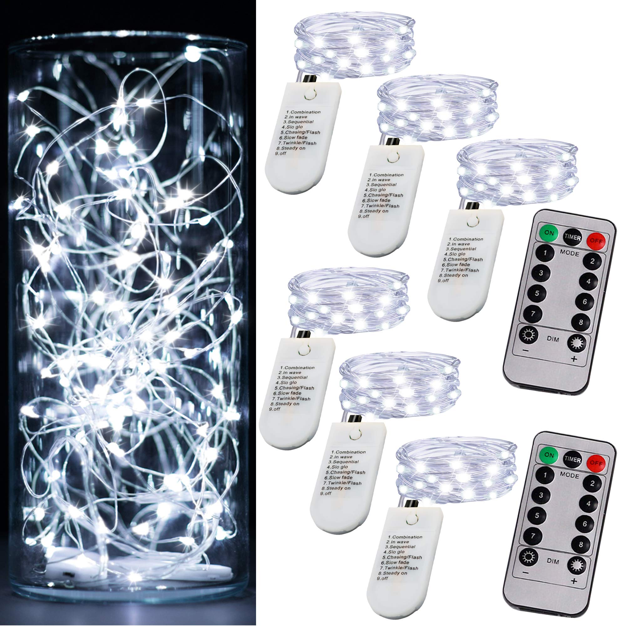 6 Pack Fairy Lights Battery Operated - 20 LED Mini String Lights with Timer & 2 Remote Controls, 6.5ft Waterproof Silver Wire Twinkle Lights for Mason Jars, Wedding, Party, Christmas Decor (Cool White) - Perfect for Home, Garden, Bedroom, and DIY Crafts