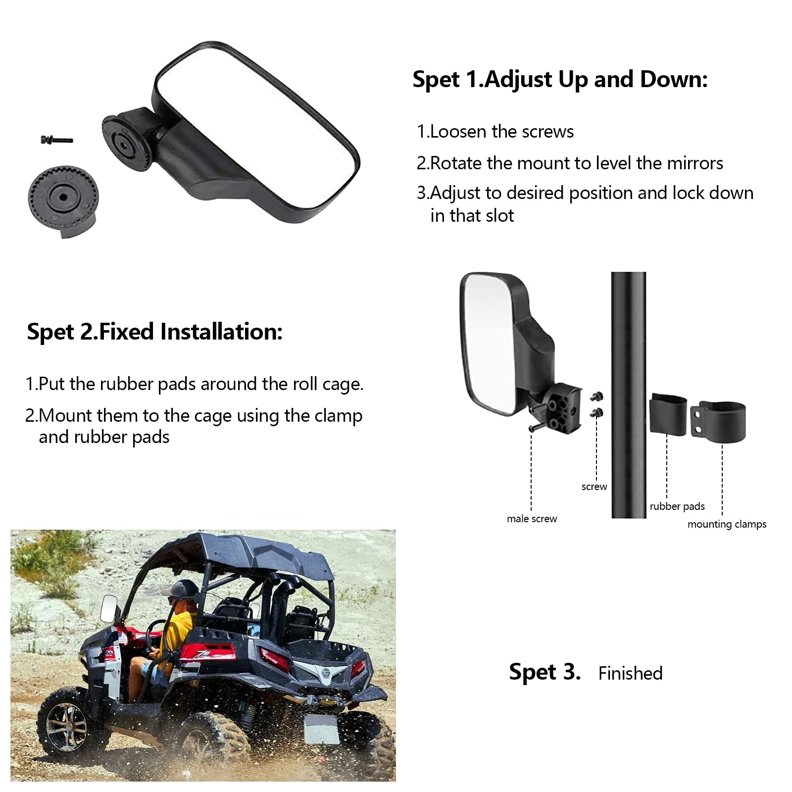 UTV Side Mirrors for Polaris Ranger 2015-2022 & Can-Am Defender Maverick Trail - Adjustable Break-Away Rear View Mirror with Profiled Tube | Off-Road Adventure & Utility Vehicle Accessories