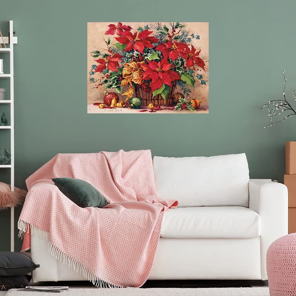 Festive Poinsettia Basket Wall Art Canvas Print by Barbara Mock - 32x24 Inch Ready-to-Hang Painting for Living Room, Bedroom, Office Decor - Perfect for Christmas Holiday Home Decoration & Gift