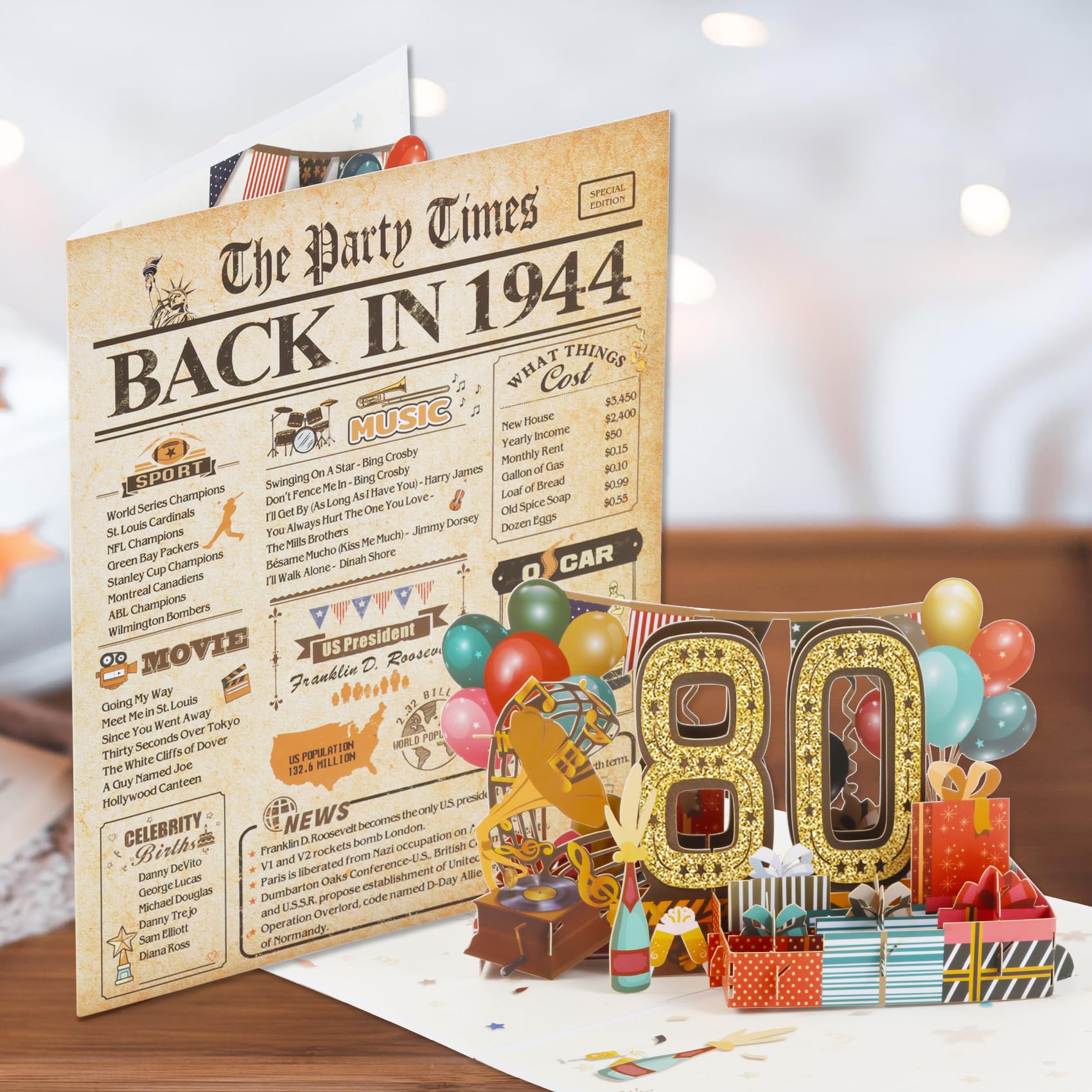 Funny 3D Pop Up 80th Birthday Card for Men & Women - Vintage 1944 Themed Birthday Gift for Grandma, Mom, Dad - Classy Birthday Decorations for Her & Him | Perfect for Milestone Celebrations & Surprise Parties