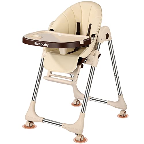 Ezebaby Portable Adjustable Baby High Chair with Recline & 4 Wheels - Foldable Toddler High Chair with Removable Tray (Beige) | Perfect for Home, Restaurant & Travel Use
