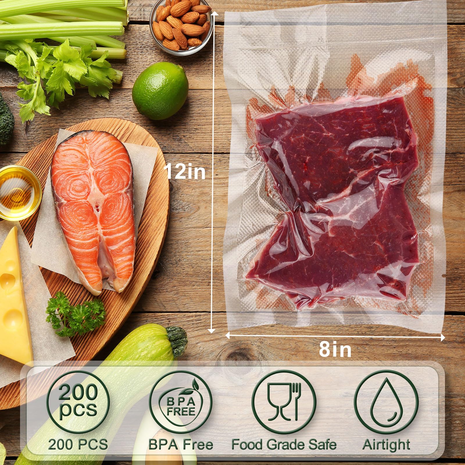 200 Quart 8'' x 12'' Heavy Duty Vacuum Sealer Bags for Food Storage | BPA Free, Pre-Cut Freezer Bags for Sous Vide, Meal Prep & Long-Term Preservation | Ideal for Vacuum Sealers, Food Savers & Kitchen Organization