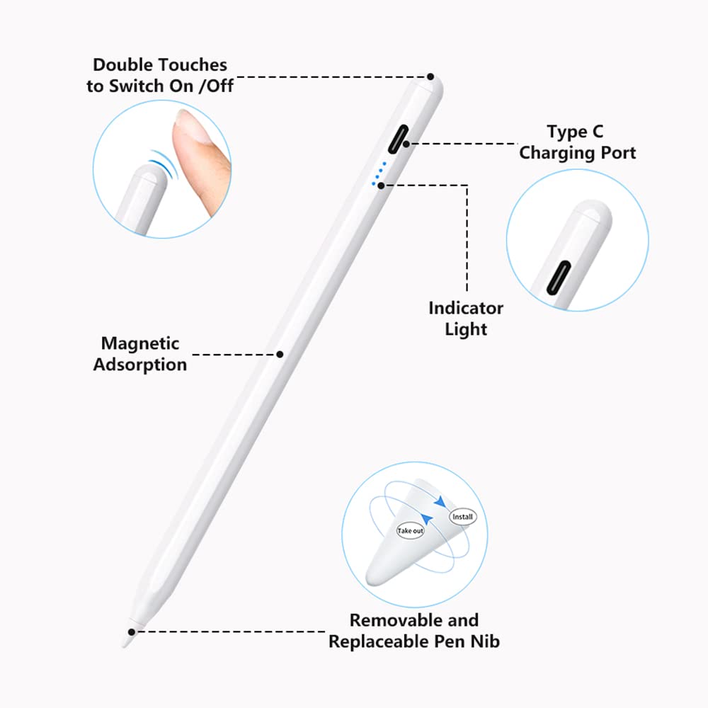 Apple iPad Stylus Pen with Palm Rejection & Tilt Sensitivity - Fast Charging in 35 Mins - Compatible with iPad Pro 11/12.9 (2018-2024), iPad 6-10, Air 3/4/5, Mini 5/6 - Perfect for Drawing, Note-Taking & Digital Art