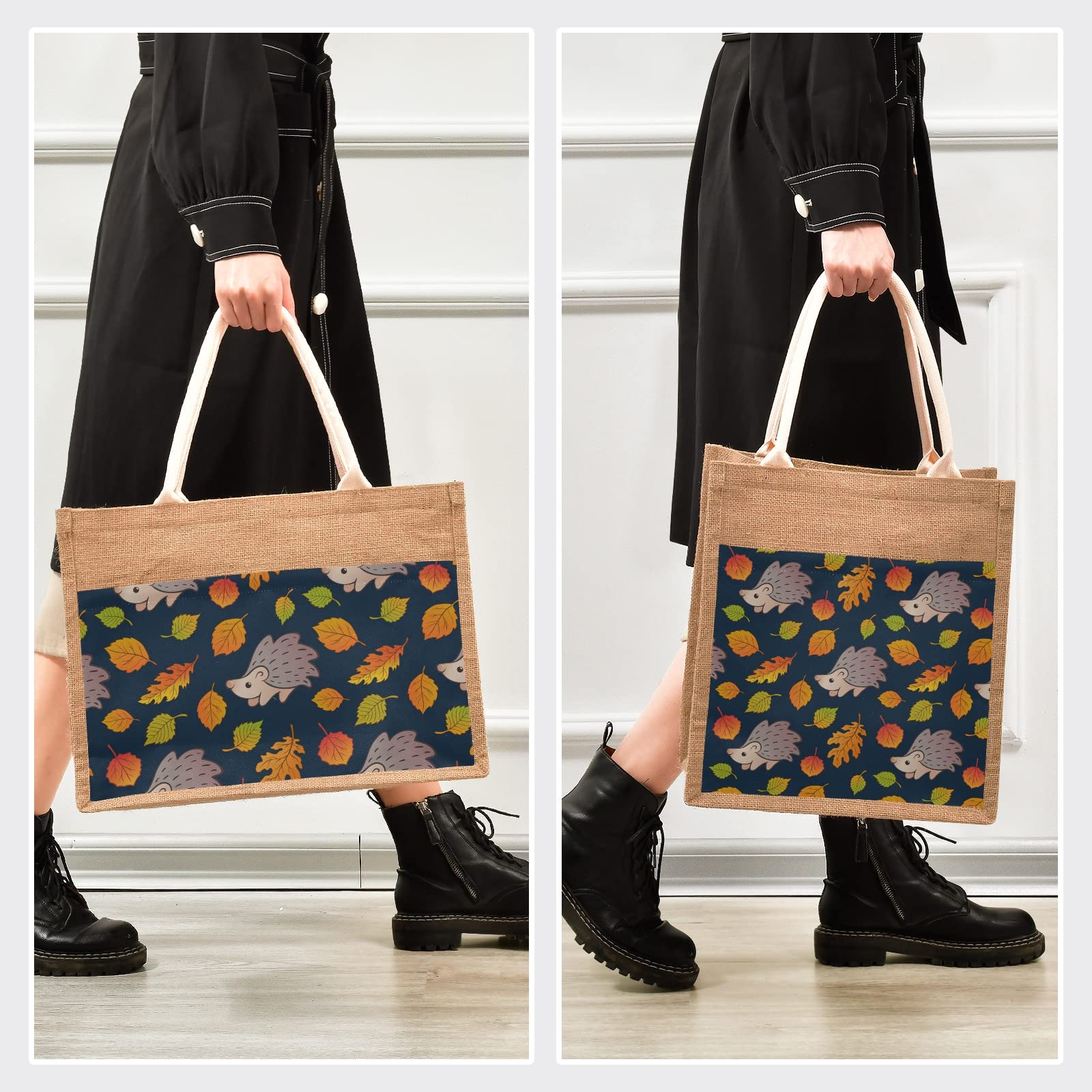 Stylish Sinestour Autumn Fall Leaves Hedgehog Jute Tote Bag - Eco-Friendly Burlap Handbag with Handle for Beach, Shopping & Groceries - Perfect Gift for Nature Lovers
